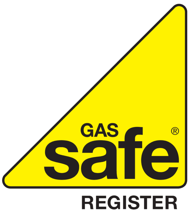 Gas safe registration logo with a yellow triangle and black border.