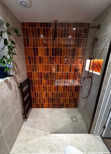 Modern walk-in shower with brown tiled wall, glass partition, rainfall showerhead, and hand-held shower, with a small potted plant on the side
