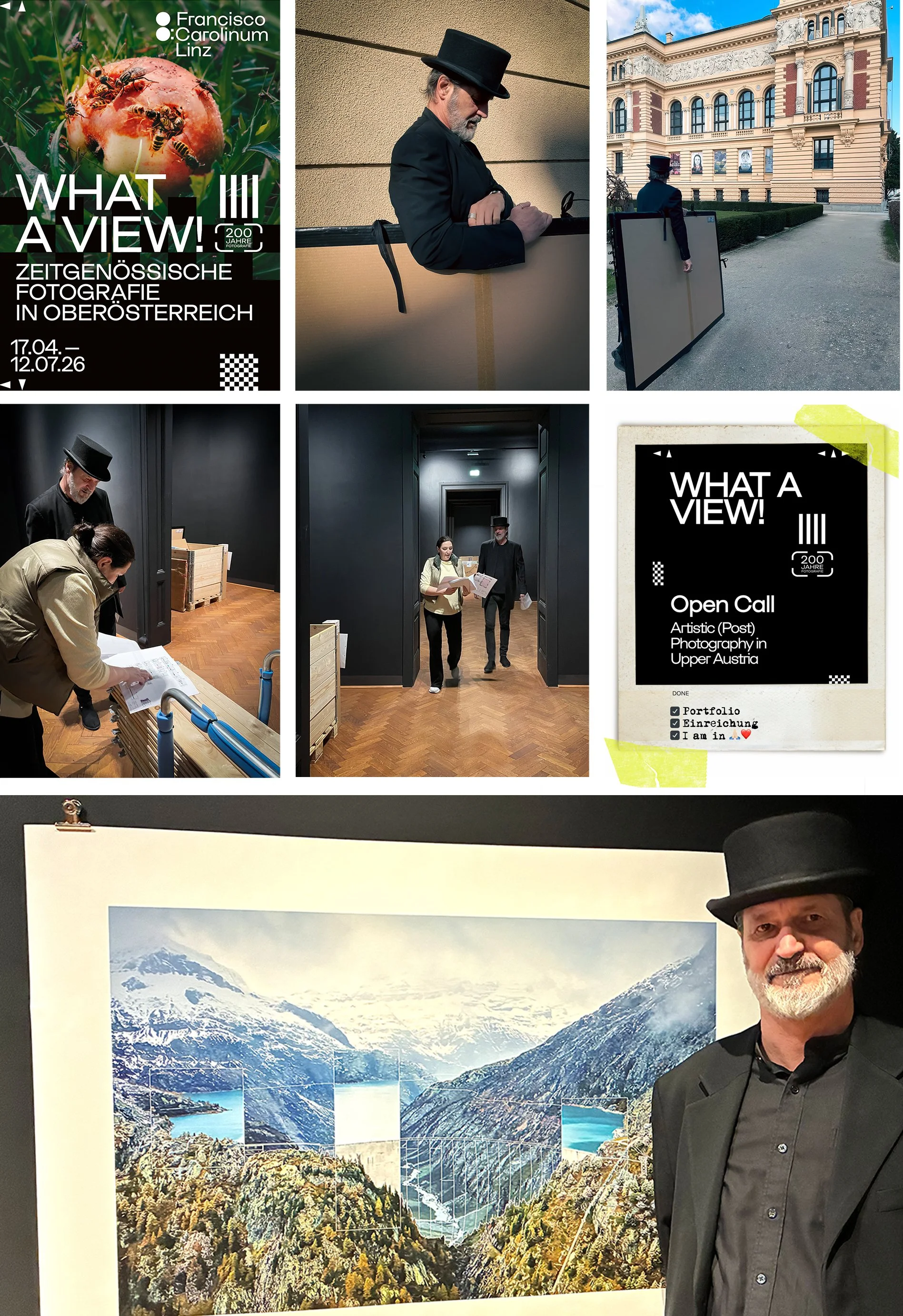 Viele Fotografien und Poster, darunter eine Landschaft mit Bergen und Seen, ein Mann mit Zylinderhut, der in einem Museum oder einer Galerie ist, und Text über Fotografie in Oberösterreich