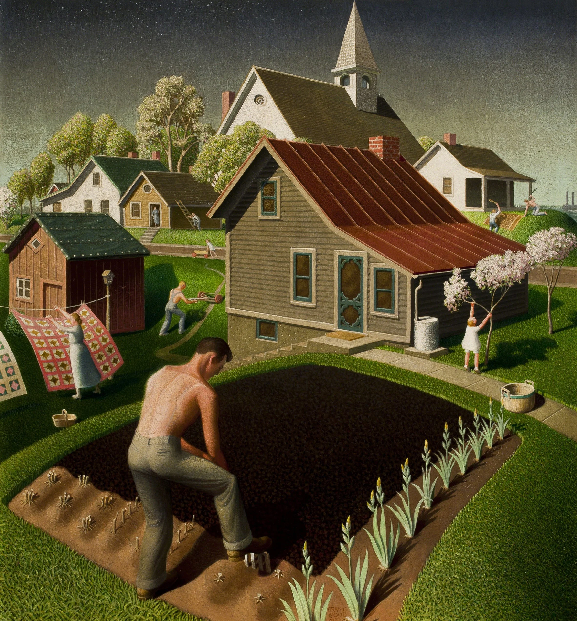 Das Gemälde "Frühling in der Stadt" von Grant Wood.