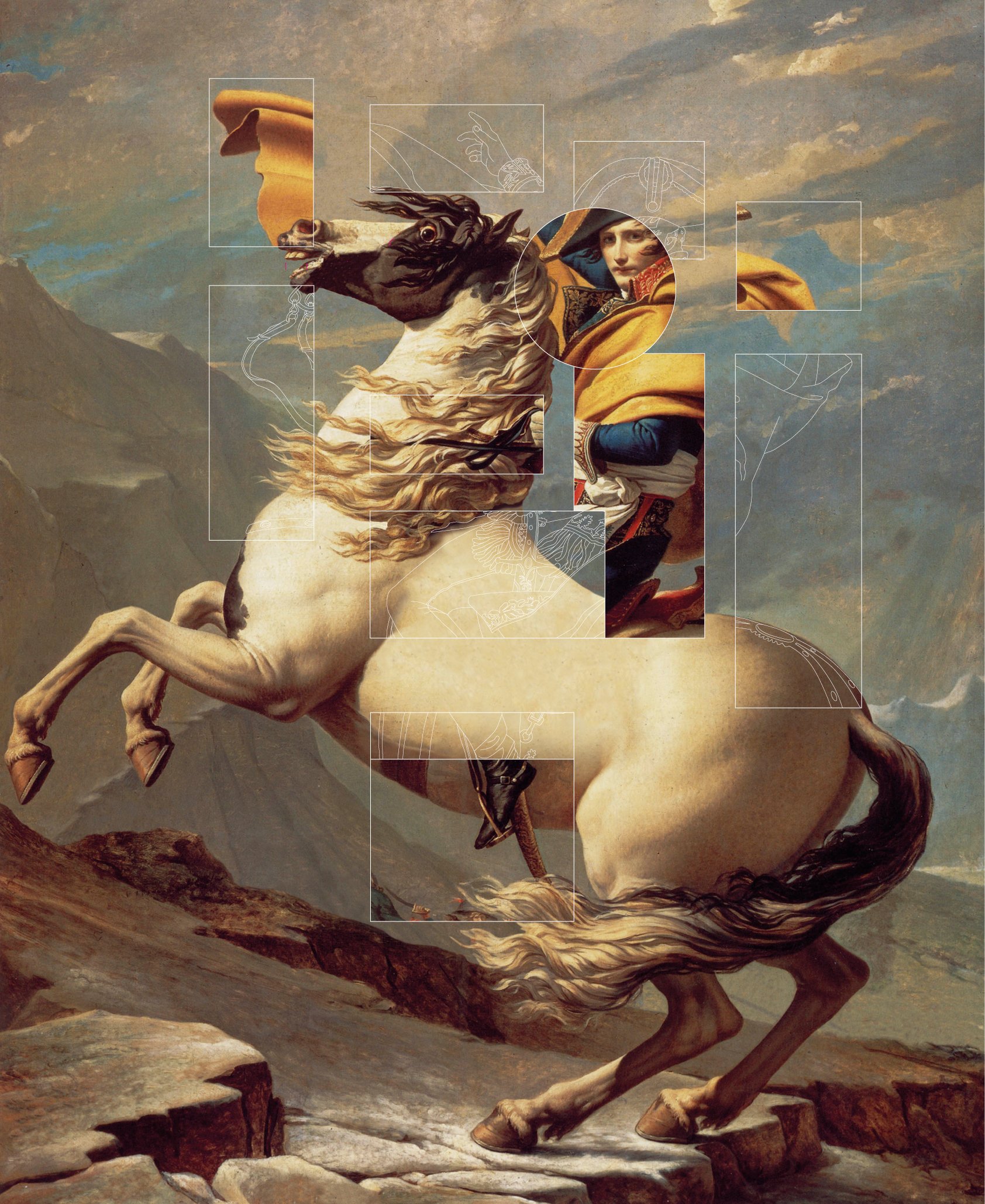 Das Gemälde "Bonaparte beim Überschreiten der Alpen" von Jacques-Louis David‍, bearbeitet von Hati Gerhard Holzinger.