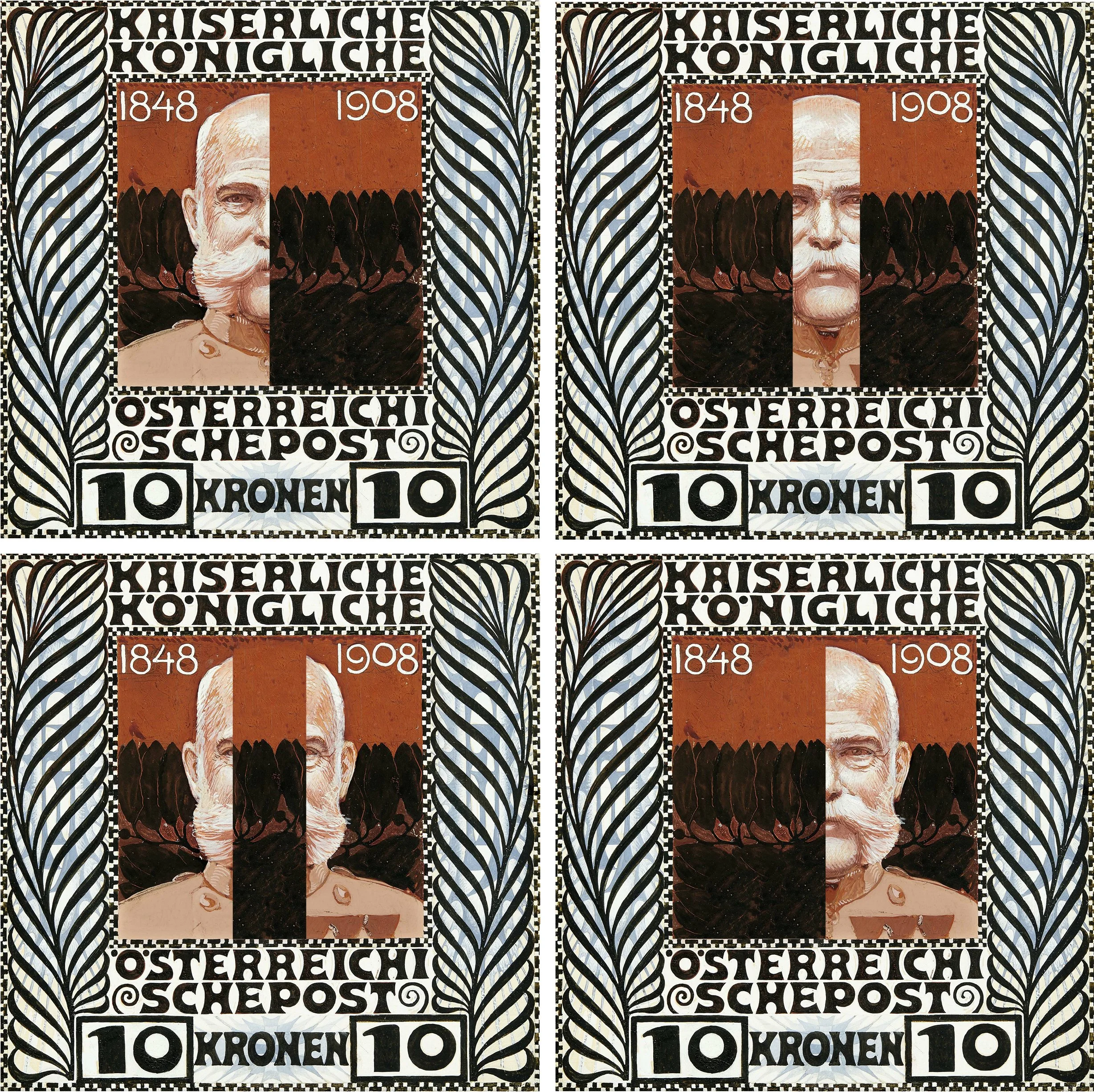 Ein Entwurf für Briefmarken zum Thronjubiläum von Kaiser Franz Josef durch Koloman Moser, bearbeitet von Hati Gerhard Holzinger.
