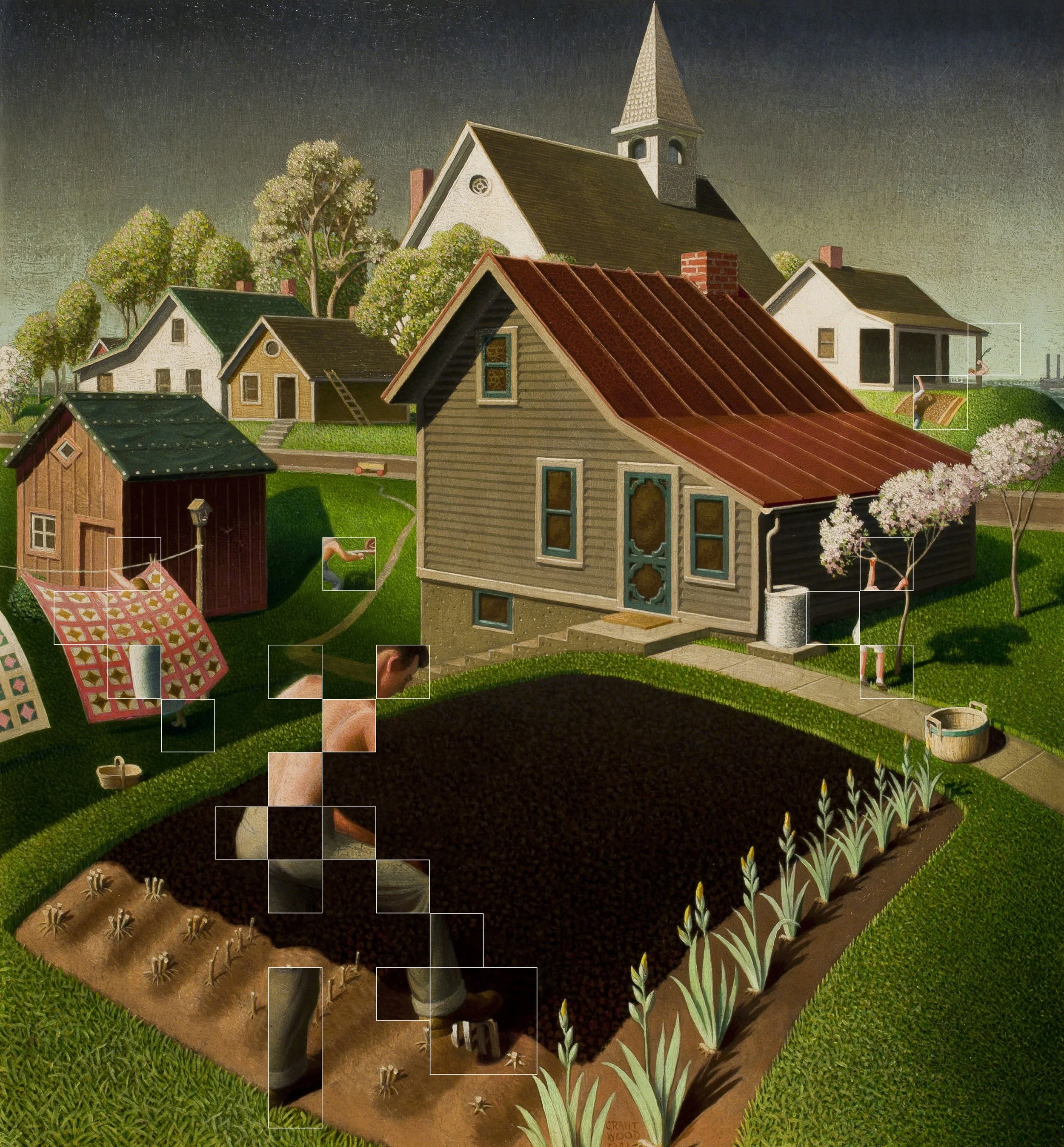 Das Gemälde "Frühling in der Stadt" von Grant Wood, bearbeitet von Hati Gerhard Holzinger.