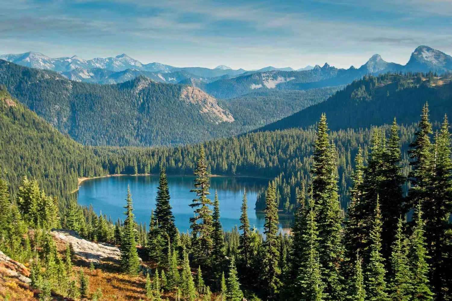 A scenic view of a mountain lake surrounded by dense evergreen forest, with snow-capped mountains in the background under a blue sky.