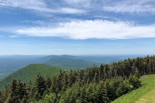 Mountain landscape with green hills, dense forest, and a partly cloudy sky.
