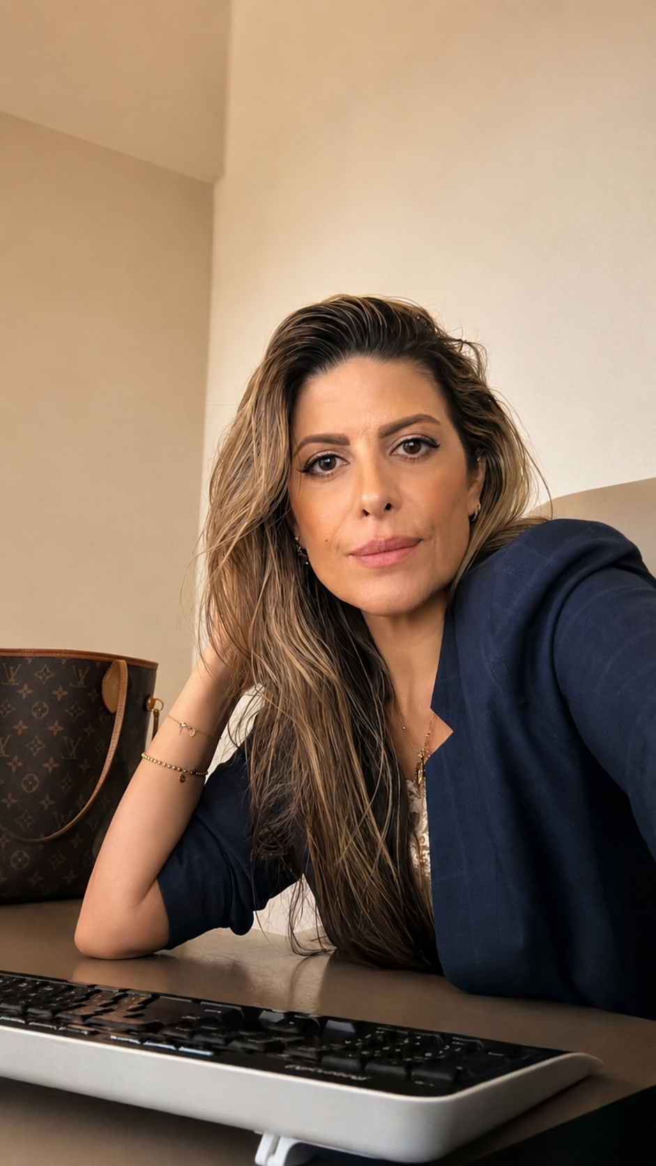 A woman with long wavy hair is sitting at a desk, leaning on her left arm, looking at the camera. She is wearing a dark blazer and jewelry, with a Louis Vuitton bag and a computer keyboard visible on the desk.