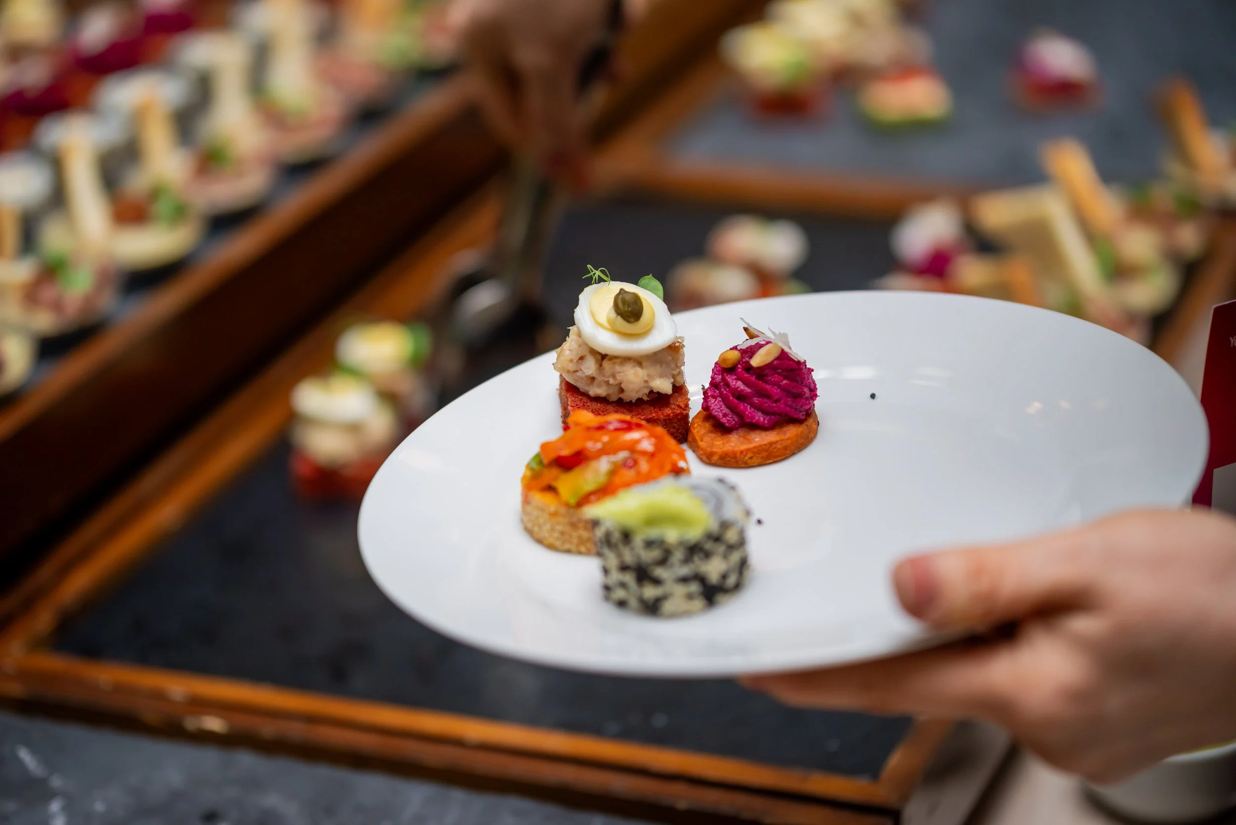 A hand holding a white plate with assorted colorful mini appetizers or canapés, some with toppings like herbs, vegetables, and creamy spreads, with a tray of similar appetizers blurred in the background.