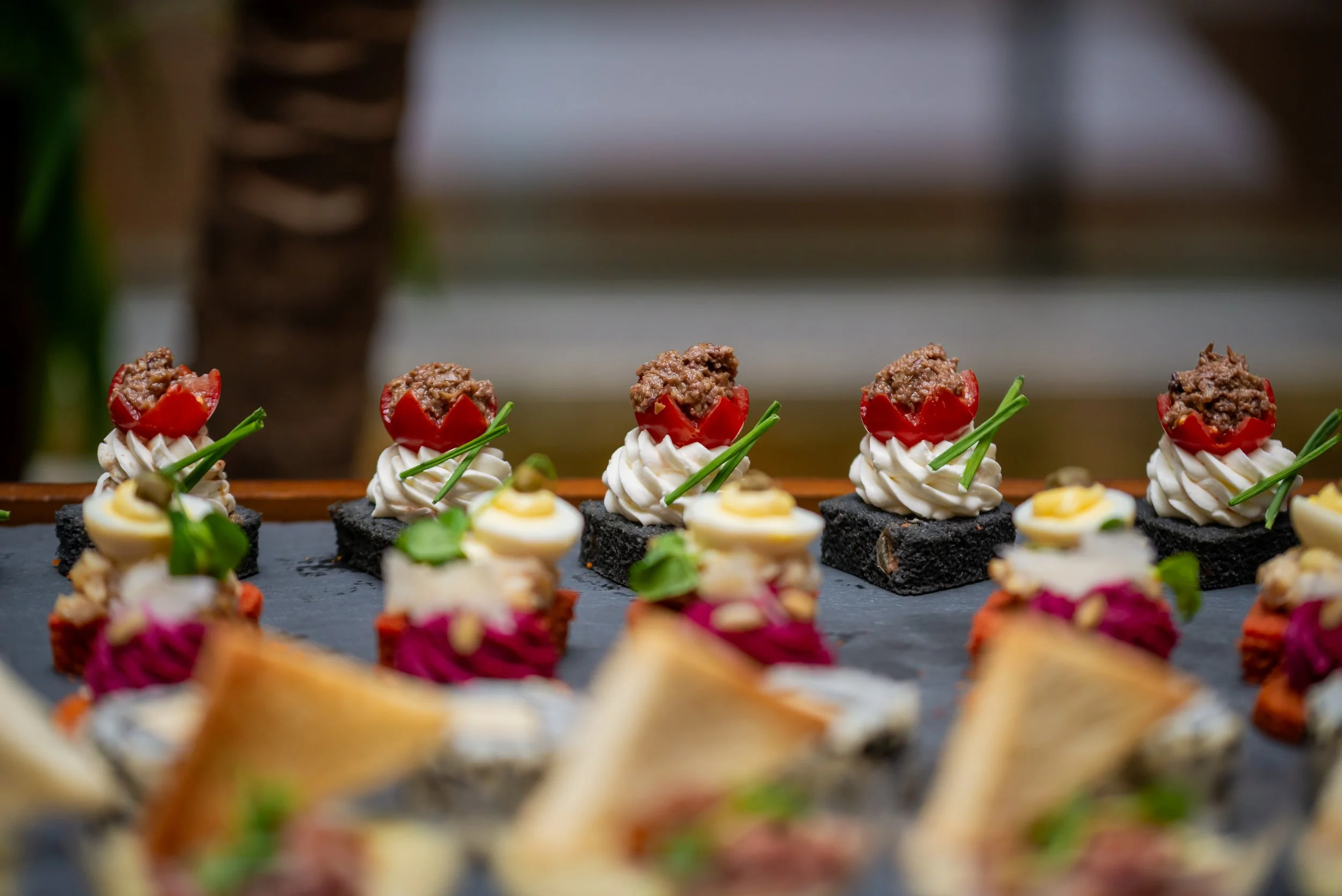 Assorted gourmet appetizers on a black platter, including mini sandwiches and filled pastry shells, garnished with herbs and vegetables.