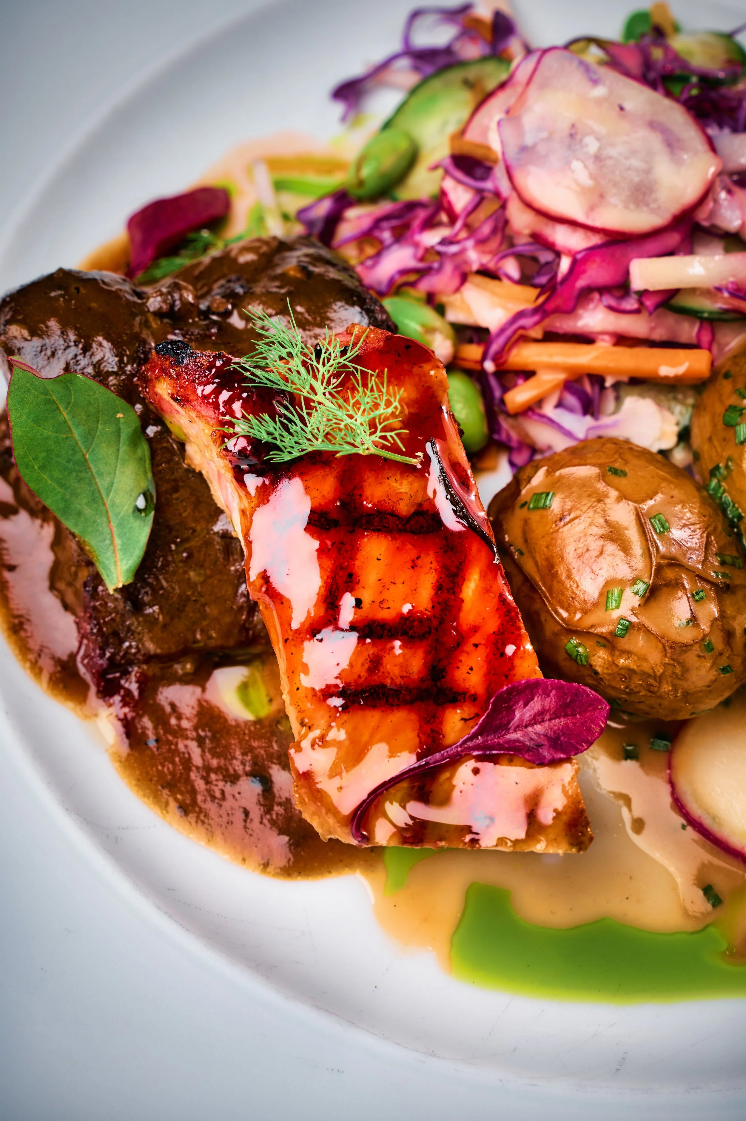 Close-up of a plated dish containing a piece of cooked salmon garnished with a sprig of dill, a salad with purple cabbage, cucumber, carrots, and a creamy dressing, with sauce drizzled on the plate.