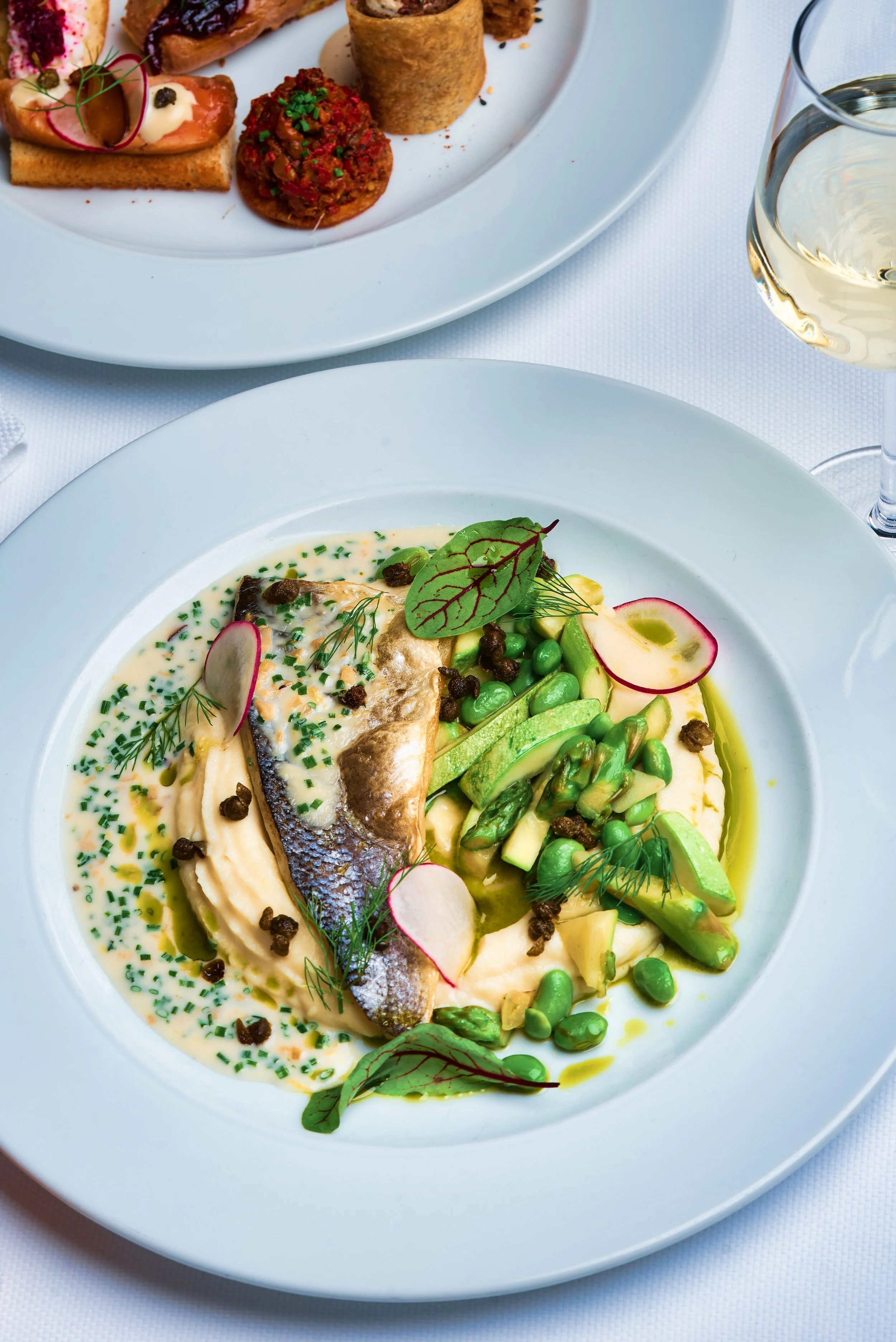 A white plate with a serving of fish topped with herbs, accompanied by green beans, sliced radishes, and a creamy sauce, garnished with microgreens and herbs. In the background, another plate with assorted appetizers and a glass of white wine are vis