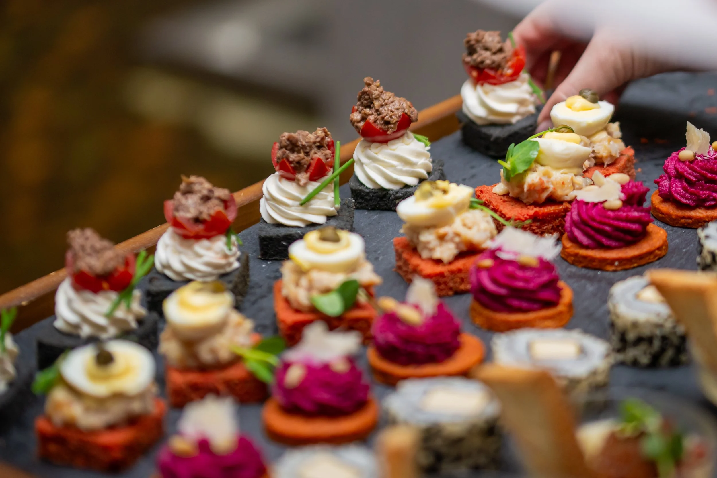 Assorted gourmet appetizers on a slate serving platter, including deviled eggs topped with capers, small canapé bites with creamy toppings and herbs, and mini open-faced sandwiches with meats and vegetables.