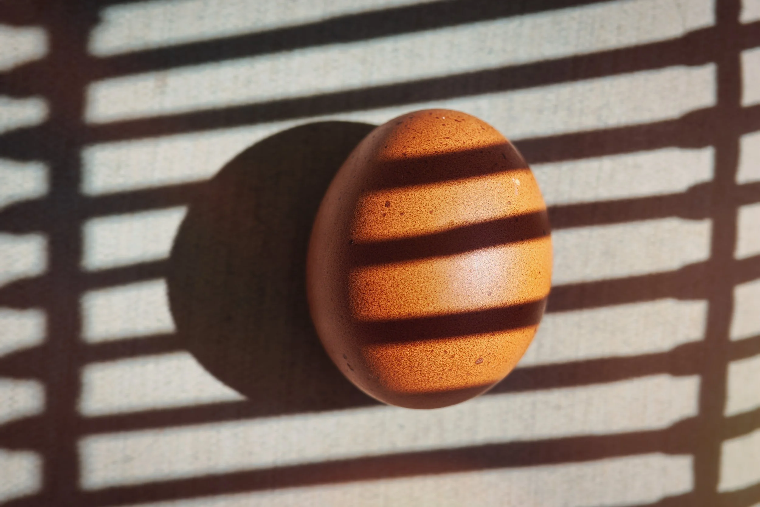 Close-up of a brown egg with shadows cast by a window grille on its surface, placed on a textured beige background.