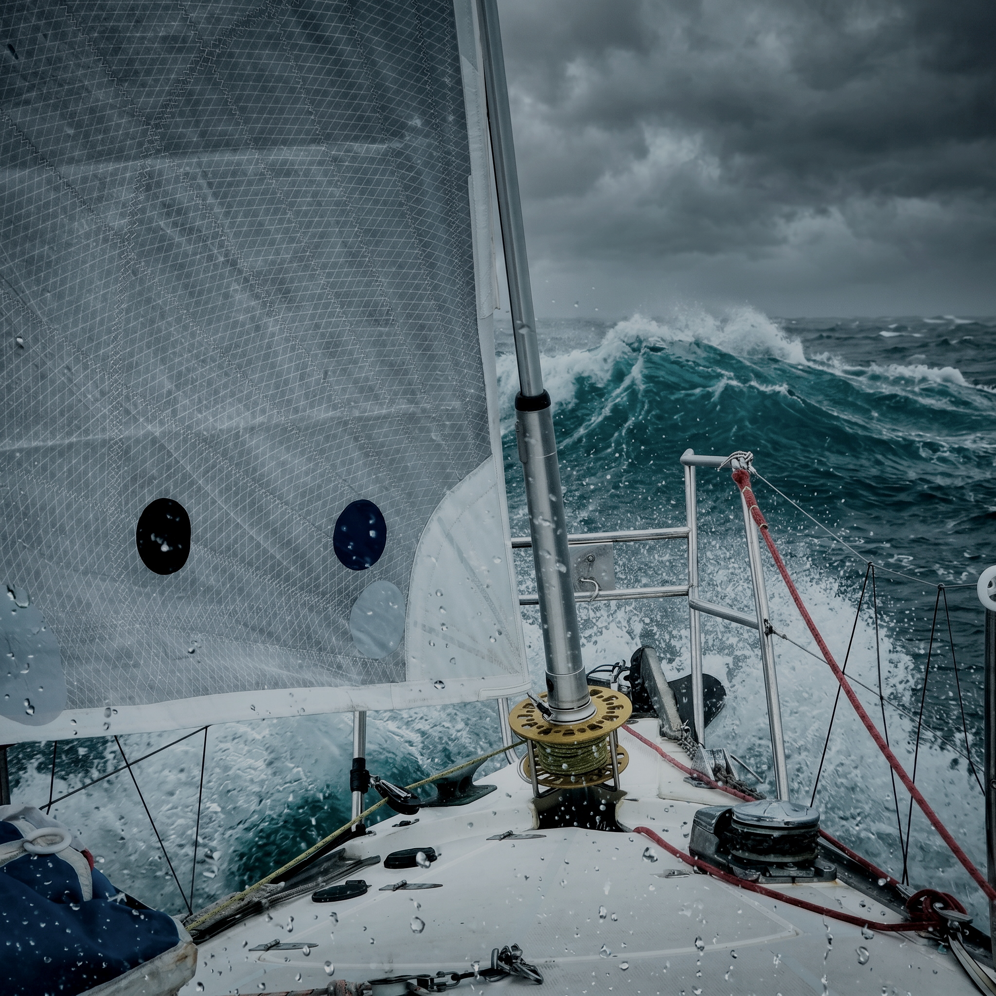 A sailboat navigating rough seas under dark stormy clouds with water splashing on deck and rain droplets visible.