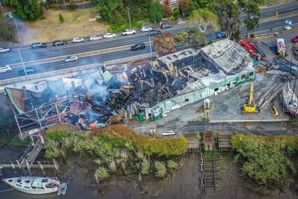 Aerial view of the Almasts manufacturing facility after the March 2026 fire at Tamar Marine.