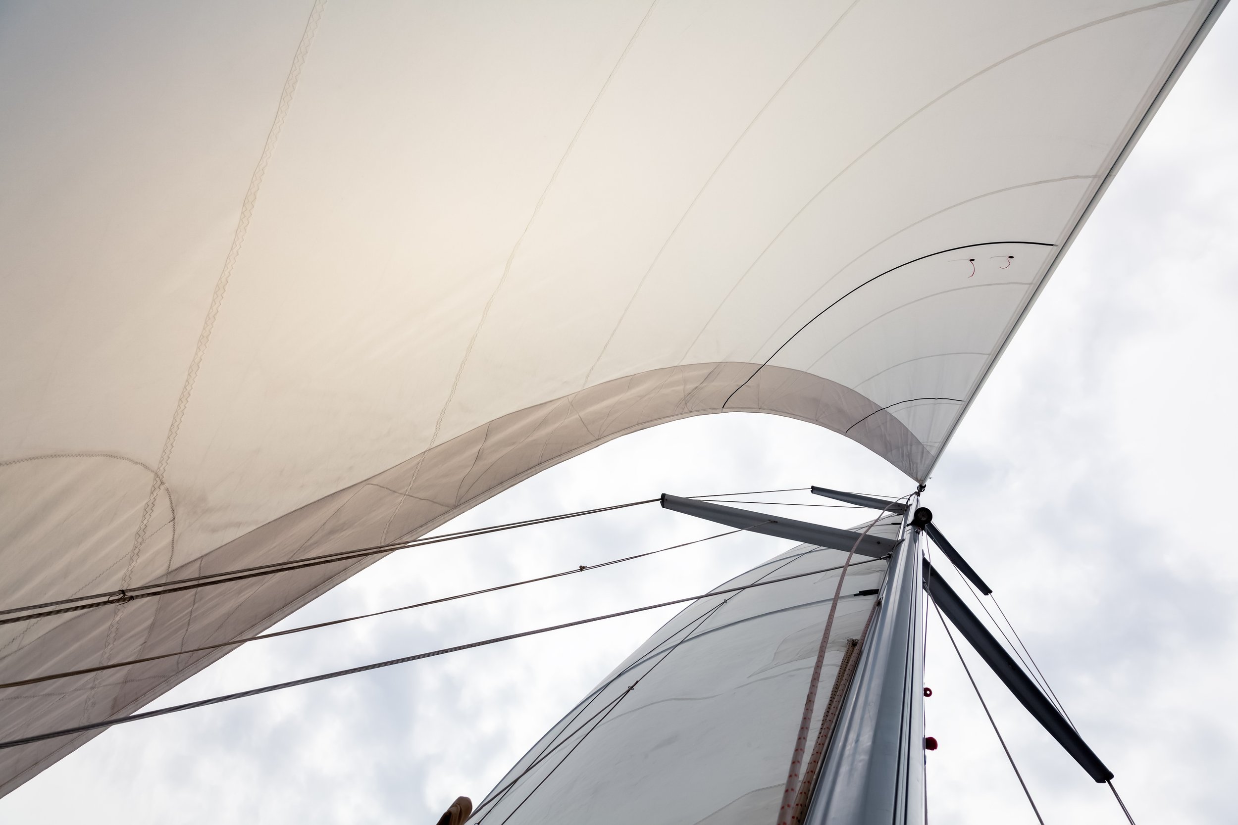 View looking up at a yacht’s headsail and rigging while sailing under wind power.