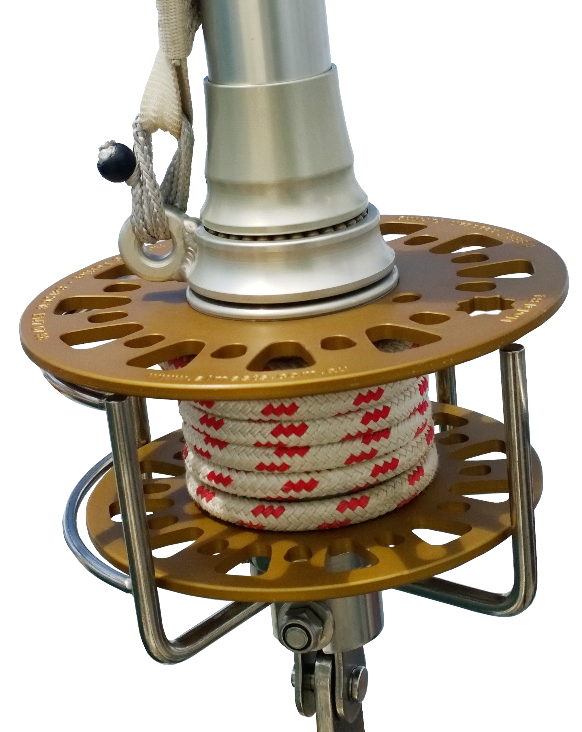 Detailed view of a Reefit headsail furling system with low-friction bearing assembly and furling line drum.