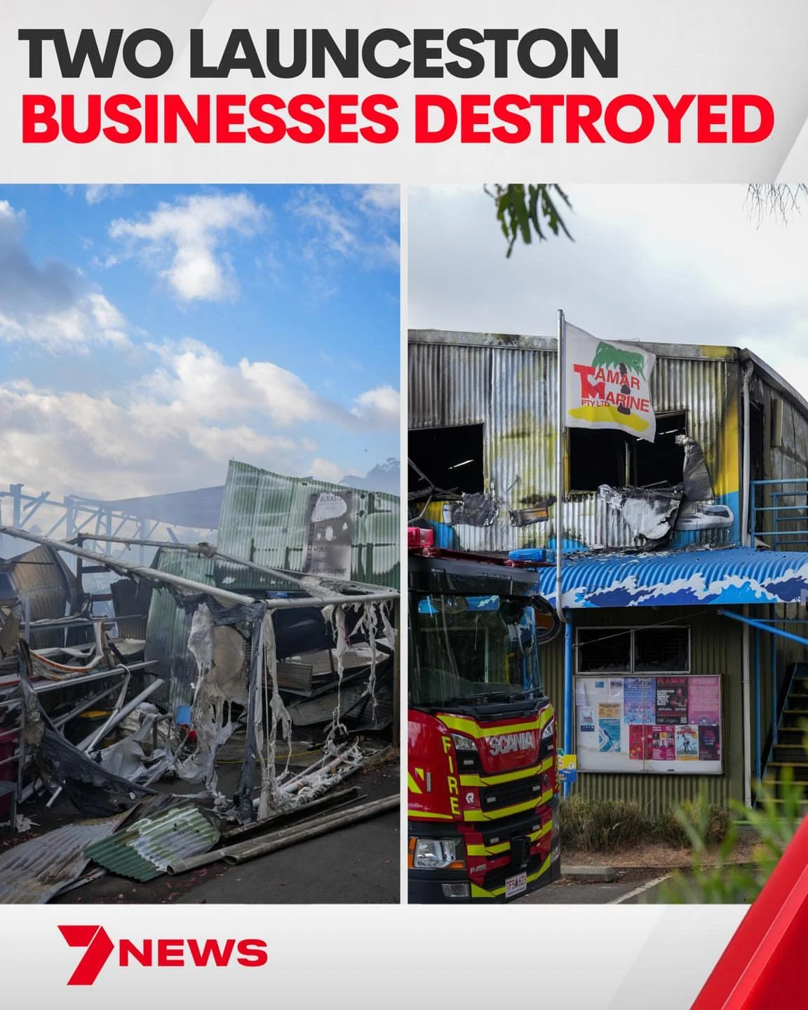 News report covering the March 2026 fire that destroyed the original Almasts manufacturing facility at Tamar Marine.