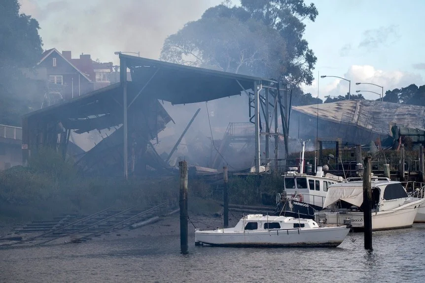 Fire-damaged Almasts manufacturing facility at Tamar Marine following the March 2026 fire.