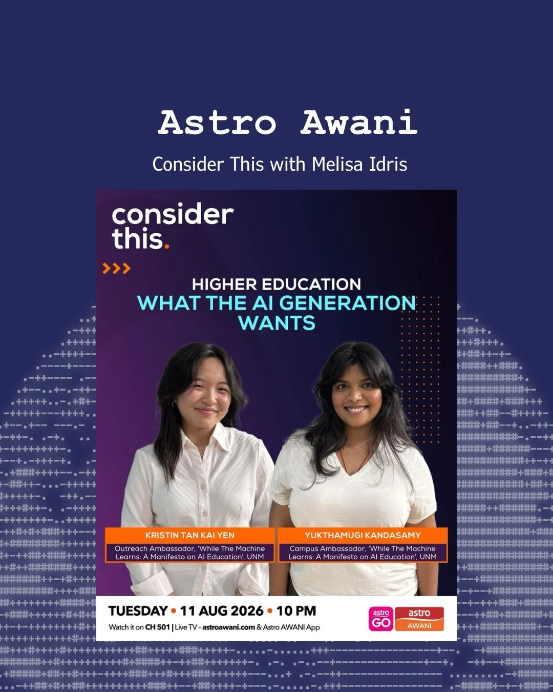 What are our experiences with AI? We were recently invited to share our thoughts on Astro Awani @501awani with Melisa Idris!

Find the link in our bio, Consider This: Higher Education &mdash; What the AI Generation Wants

#AIManifesto #WhileTheMachin