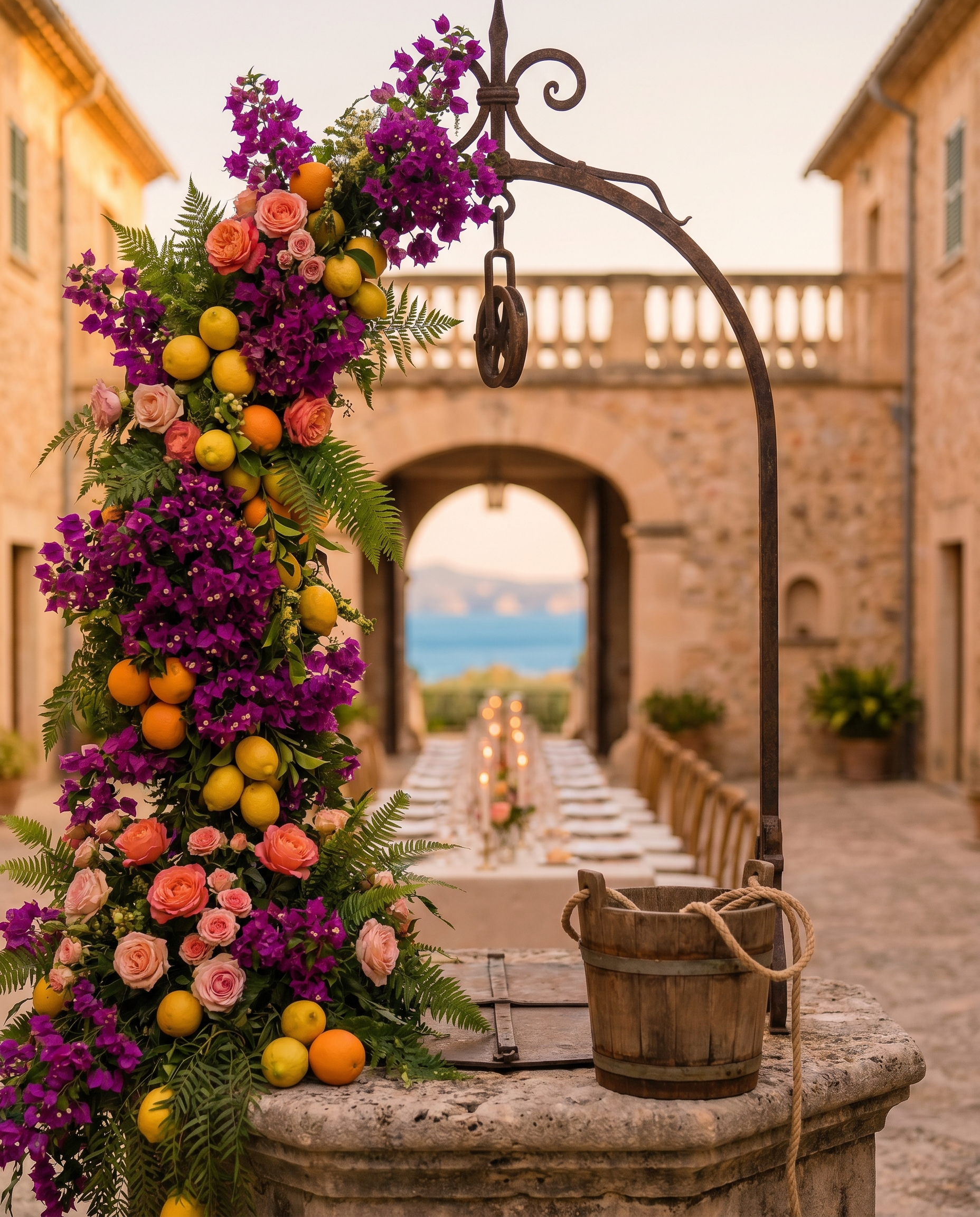 A floral arrangement with purple, pink, and yellow flowers on a stone fountain at an outdoor event space with brick buildings and a view of the ocean in the background.