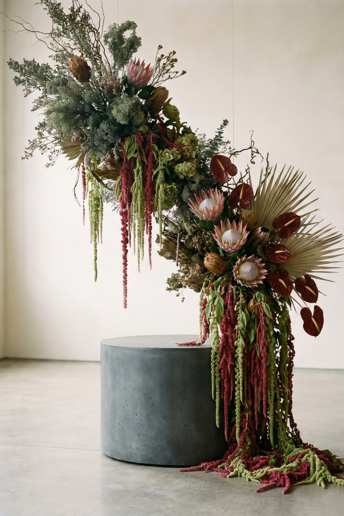 A floral arrangement with pink protea flowers, red anthuriums, dried seed pods, and various greenery including ferns, eucalyptus, and palm leaves, cascading down from a tall, curved structure, set on a round concrete pedestal against a plain, light background.
