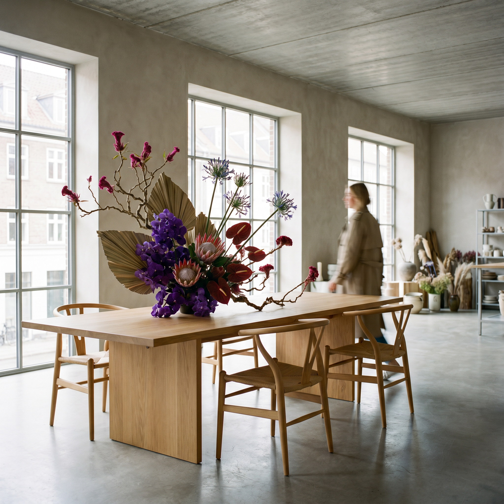 A wooden dining table with a floral arrangement in a modern, minimalistic interior with large industrial-style windows and neutral-toned walls.