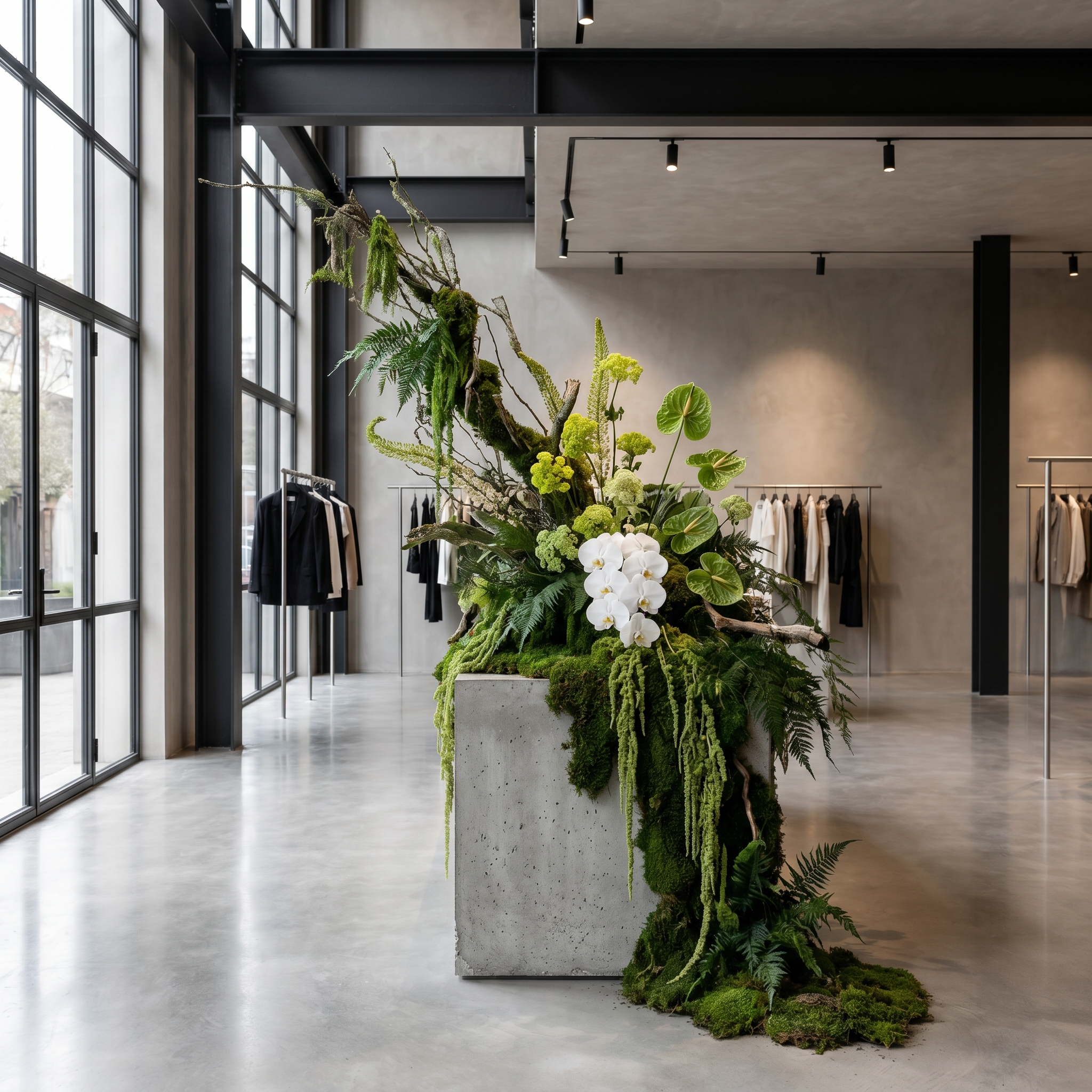 Indoor modern space with large windows, concrete floor, black ceiling beams, and a large arrangement of green plants and flowers in a concrete planter.
