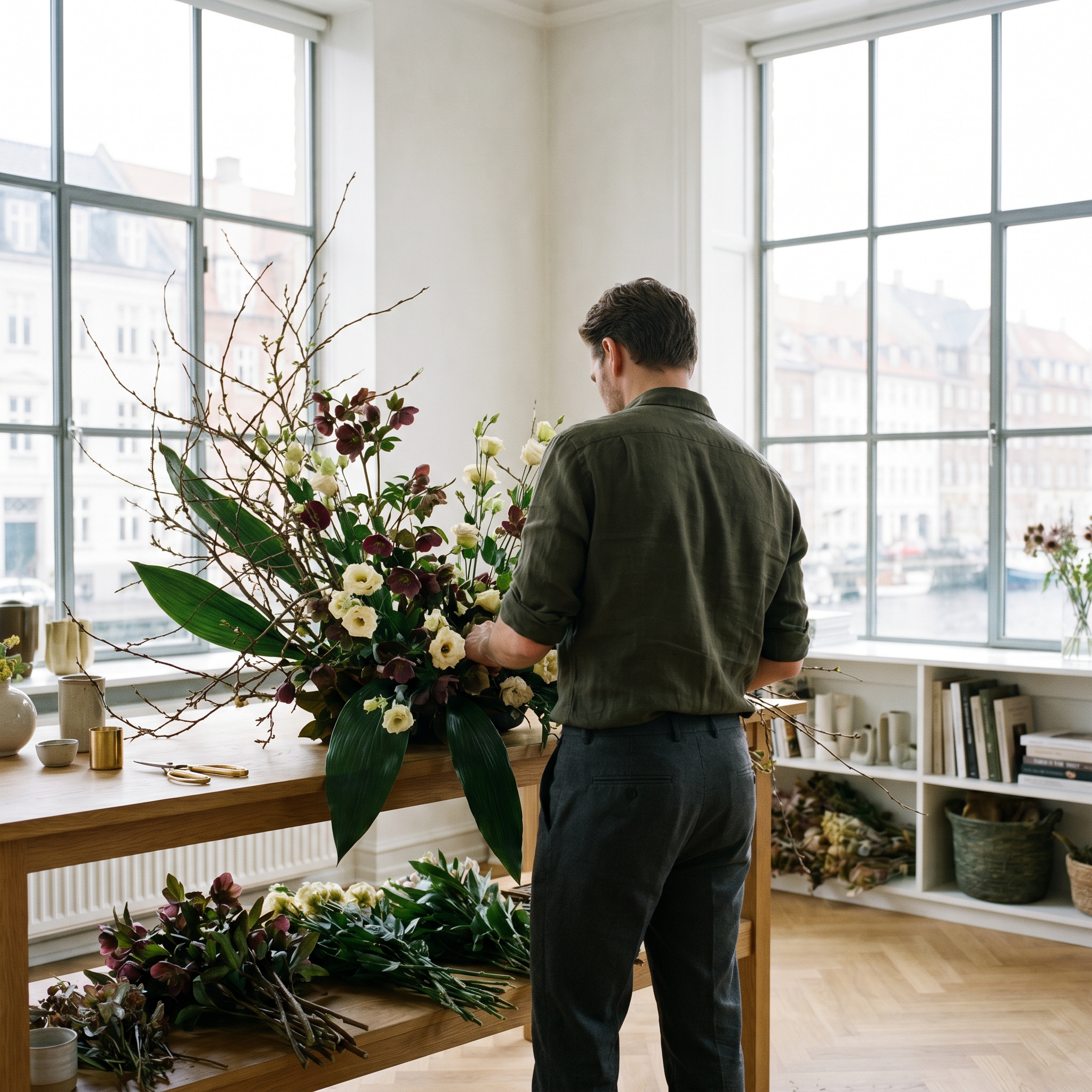 Man arranging flowers in a room with large windows and wooden furniture.