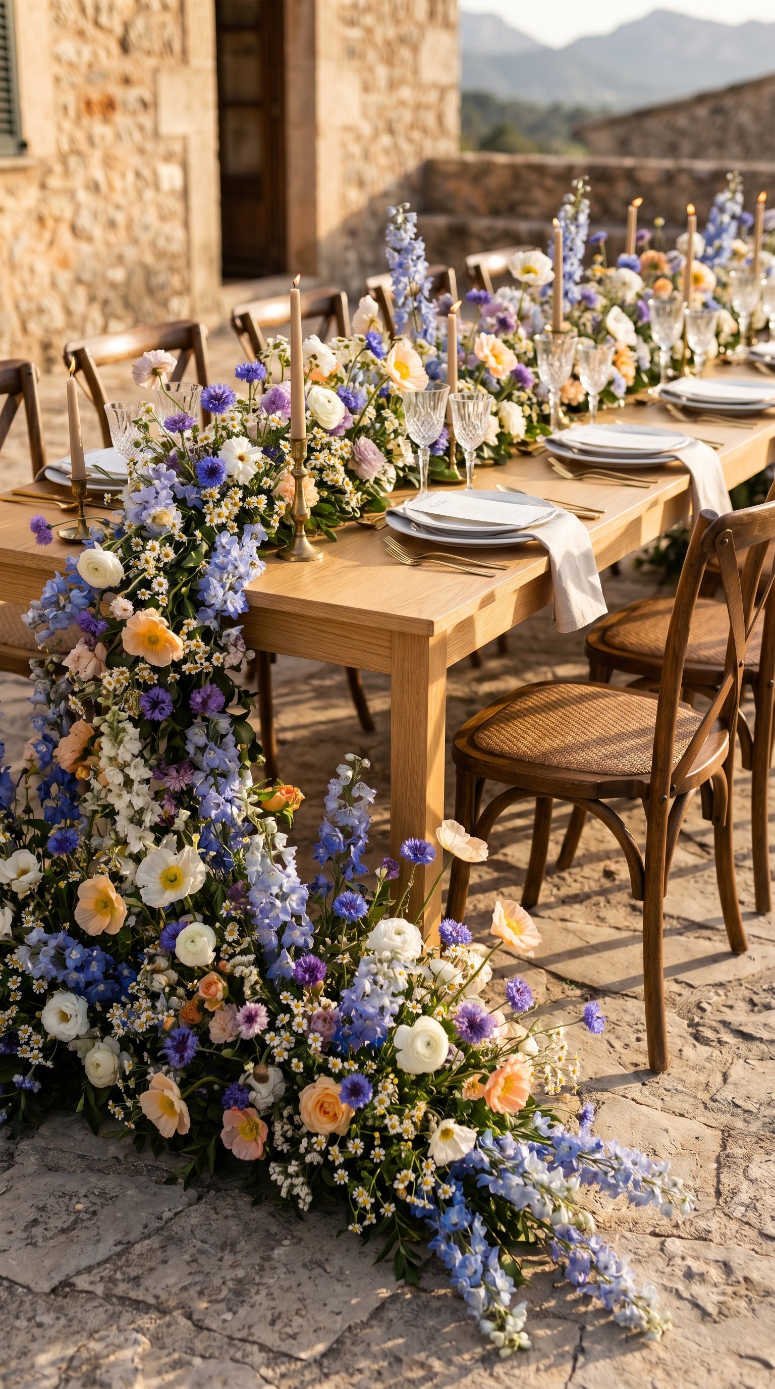 A long wooden outdoor dining table decorated with a large floral centerpiece of various colorful flowers, candles, wine glasses, and plates, set against a rustic stone building on a sunny day.