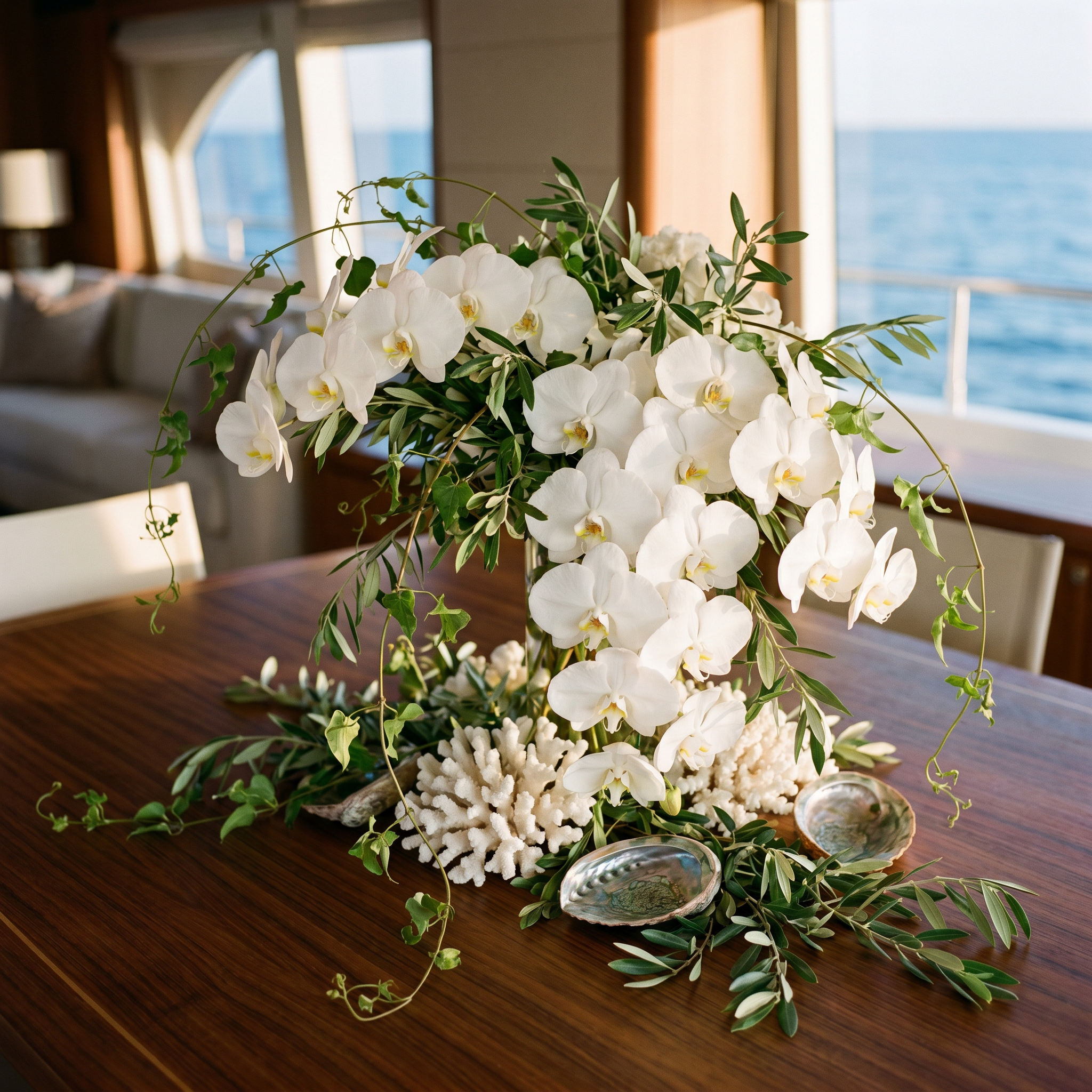 A floral arrangement of white orchids and greenery on a wooden table, with a background of a room featuring a window and ocean view.