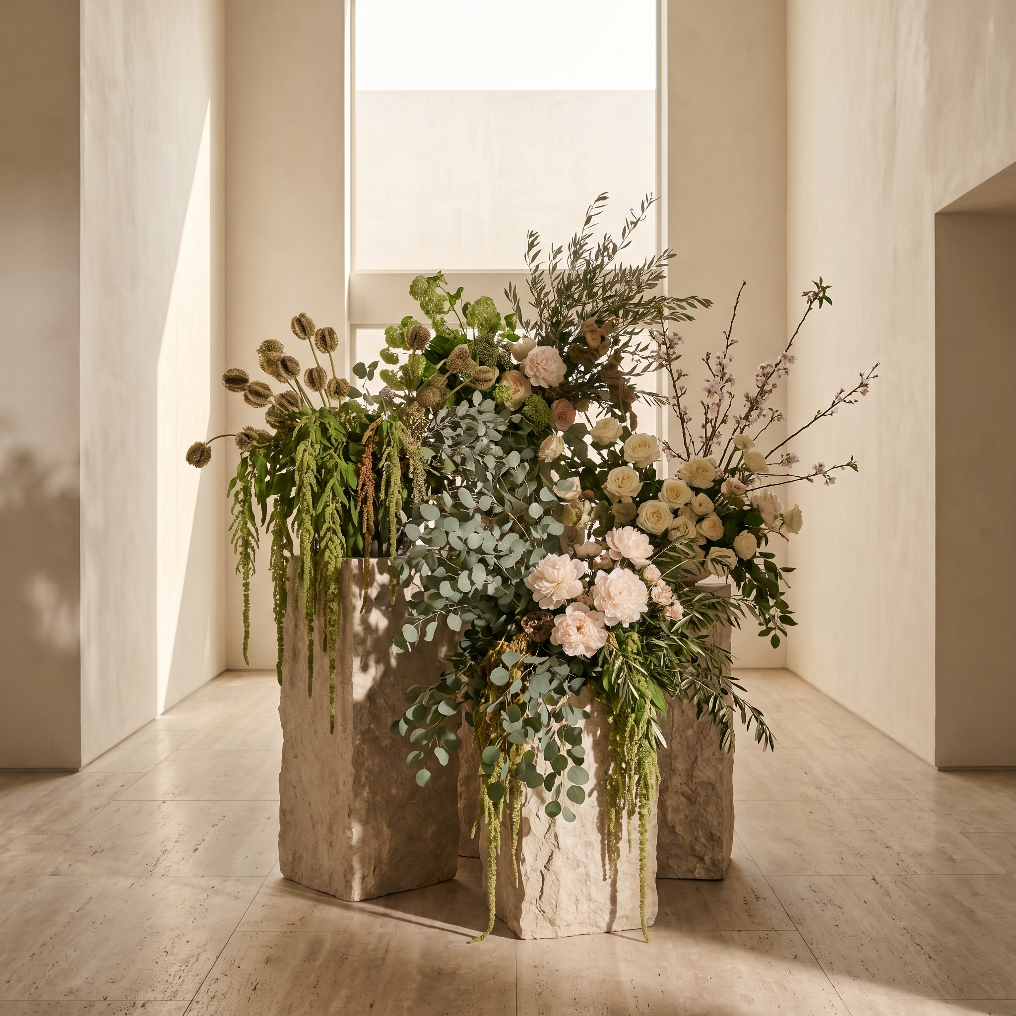 A large floral arrangement in a stone vase with a stone pillar base, placed in a minimalist, well-lit indoor space with a high ceiling and beige marble floor tiles.