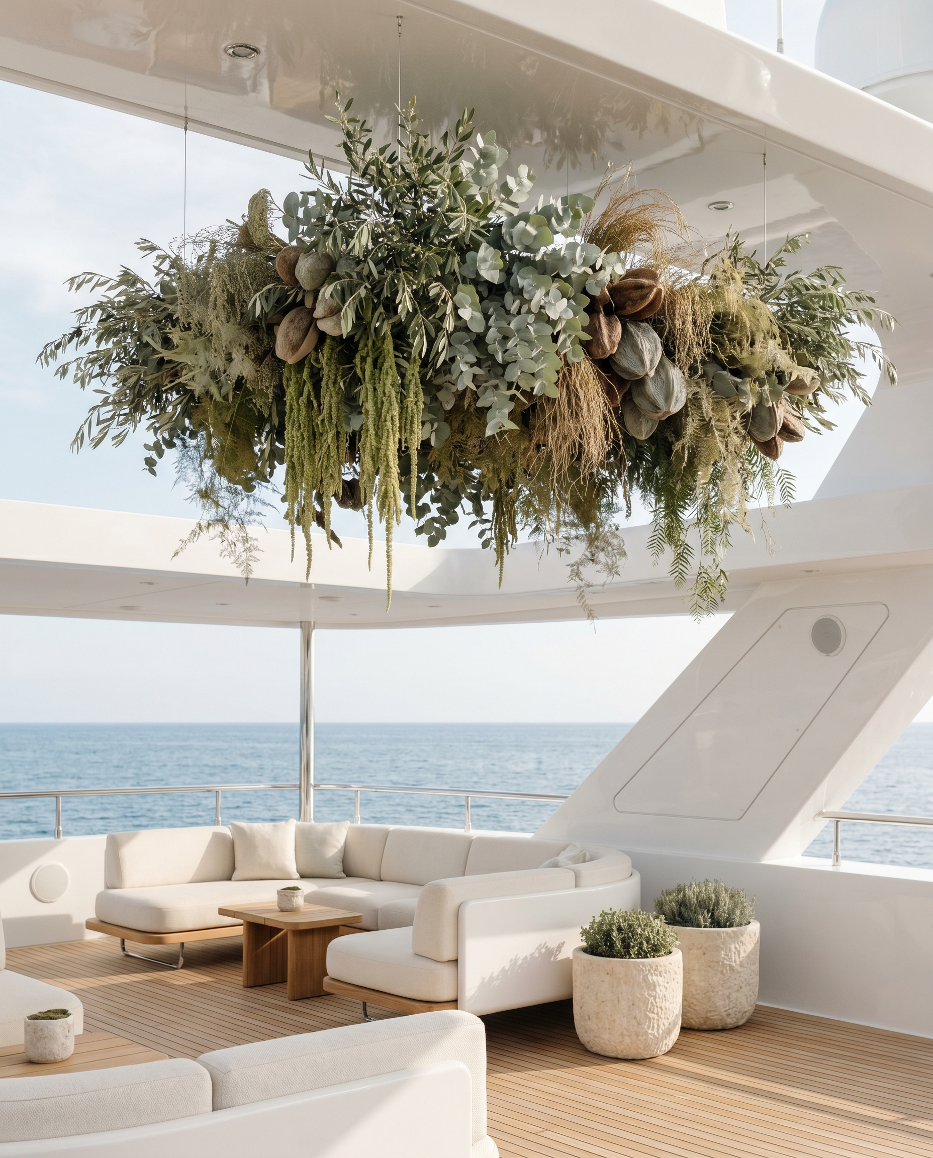 Luxury yacht outdoor seating area with white sofas, a wooden table, potted plants, and a view of the ocean.
