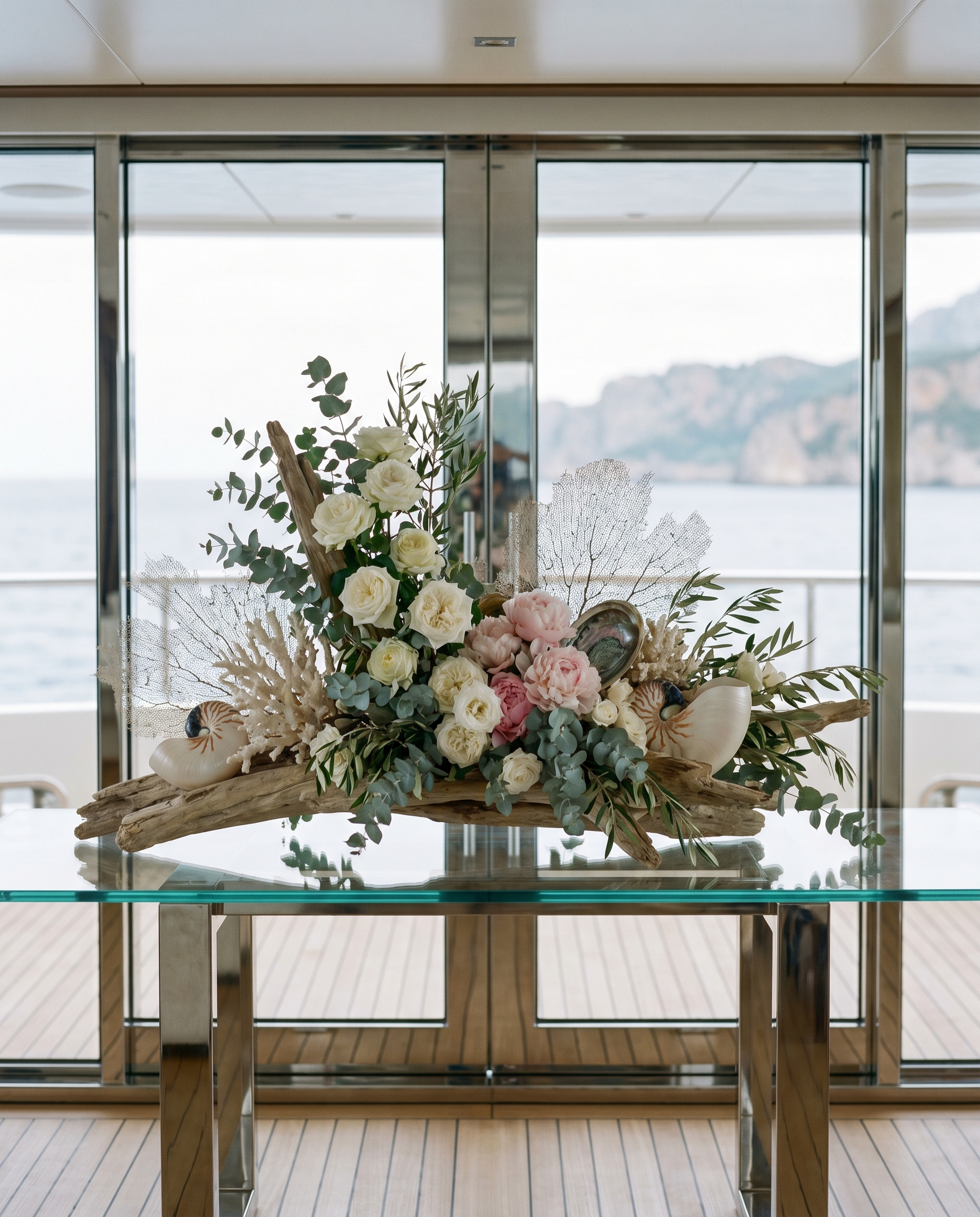 Vase of white roses, pink carnations, green leaves, and seashells on a glass-top table near large windows with a view of ocean and rocky cliffs.
