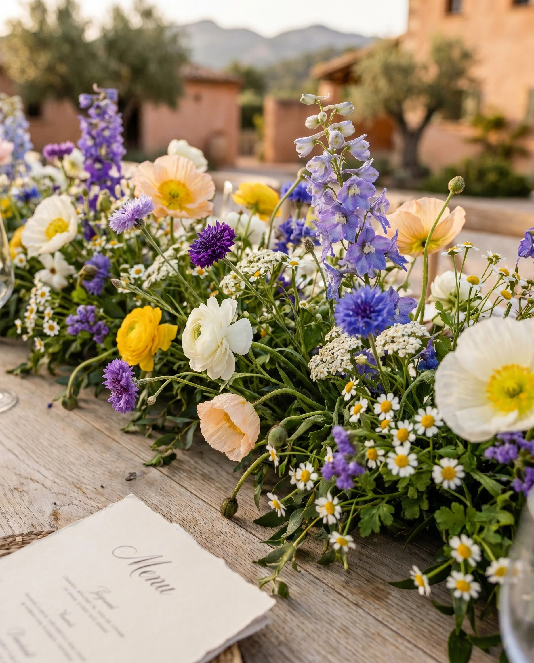 Close-up of a colorful flower bouquet on a rustic wooden table with a handwritten note, with soft natural light and blurred background of houses and trees.