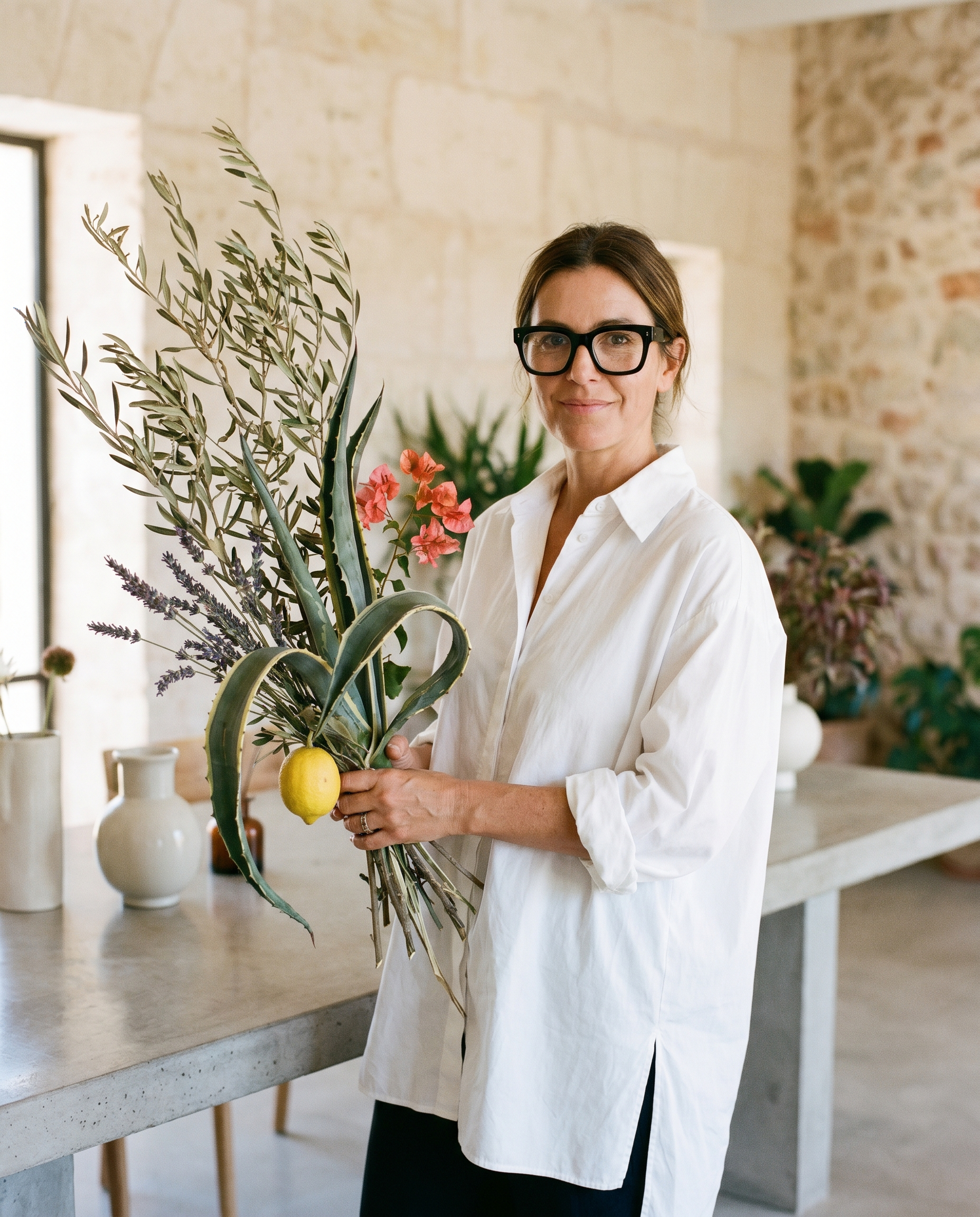 A woman with short brown hair, black glasses, and a white shirt holding a large bouquet of flowers in a bright, modern room with a light-colored brick wall and various decorative vases and plants in the background.