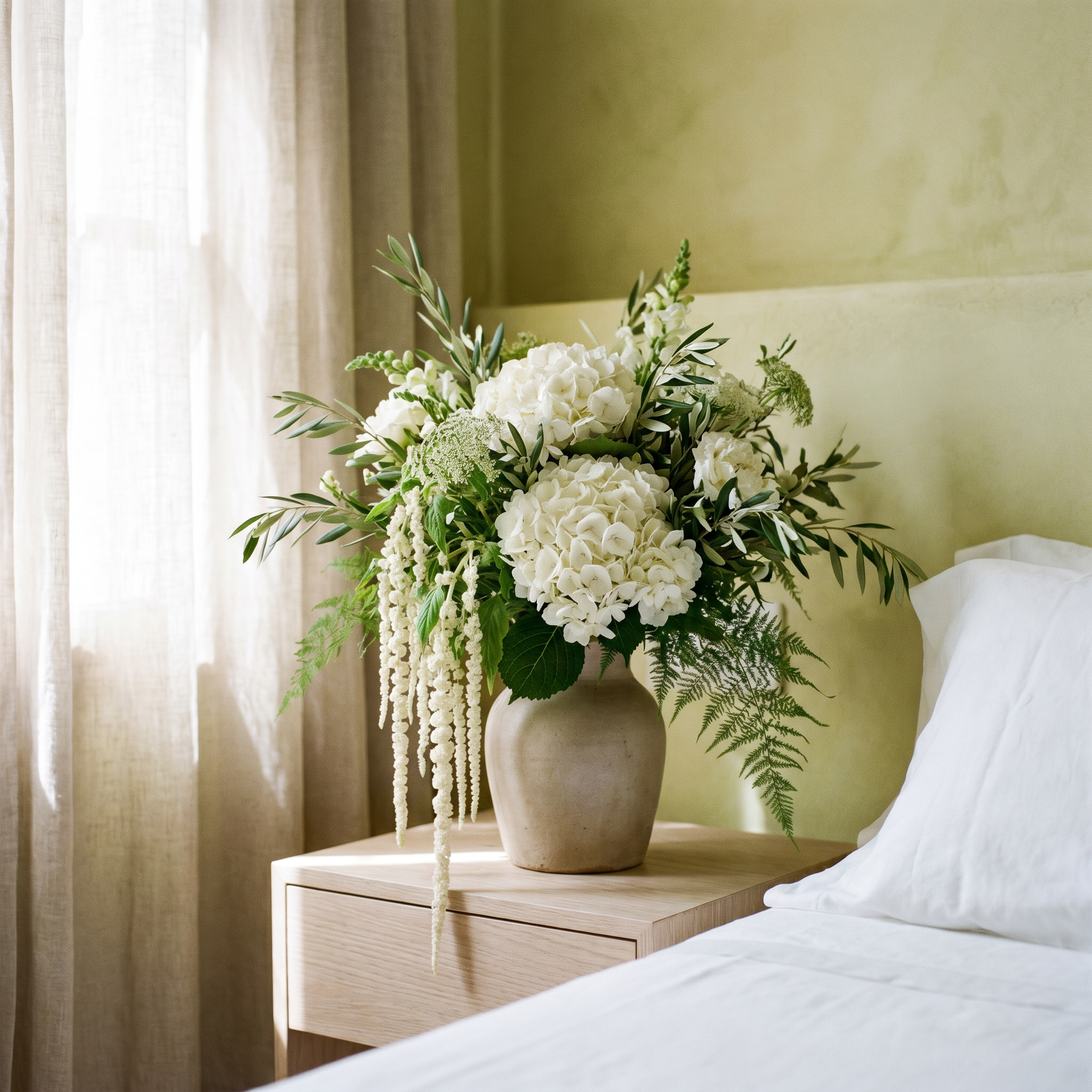 A bedside table with a large beige vase holding a bouquet of white hydrangeas and greenery, next to a bed with a white sheet and beige bedding, in a softly lit room with cream-colored walls and curtains.