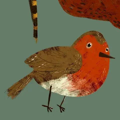 Particolare inquadratura ravvicinata di un'illustrazione a stampa artistica che mostra un pettirosso a testa in giù. Il petto rosso-arancio e il dorso marrone con texture materica sono prominenti su uno sfondo verde salvia
