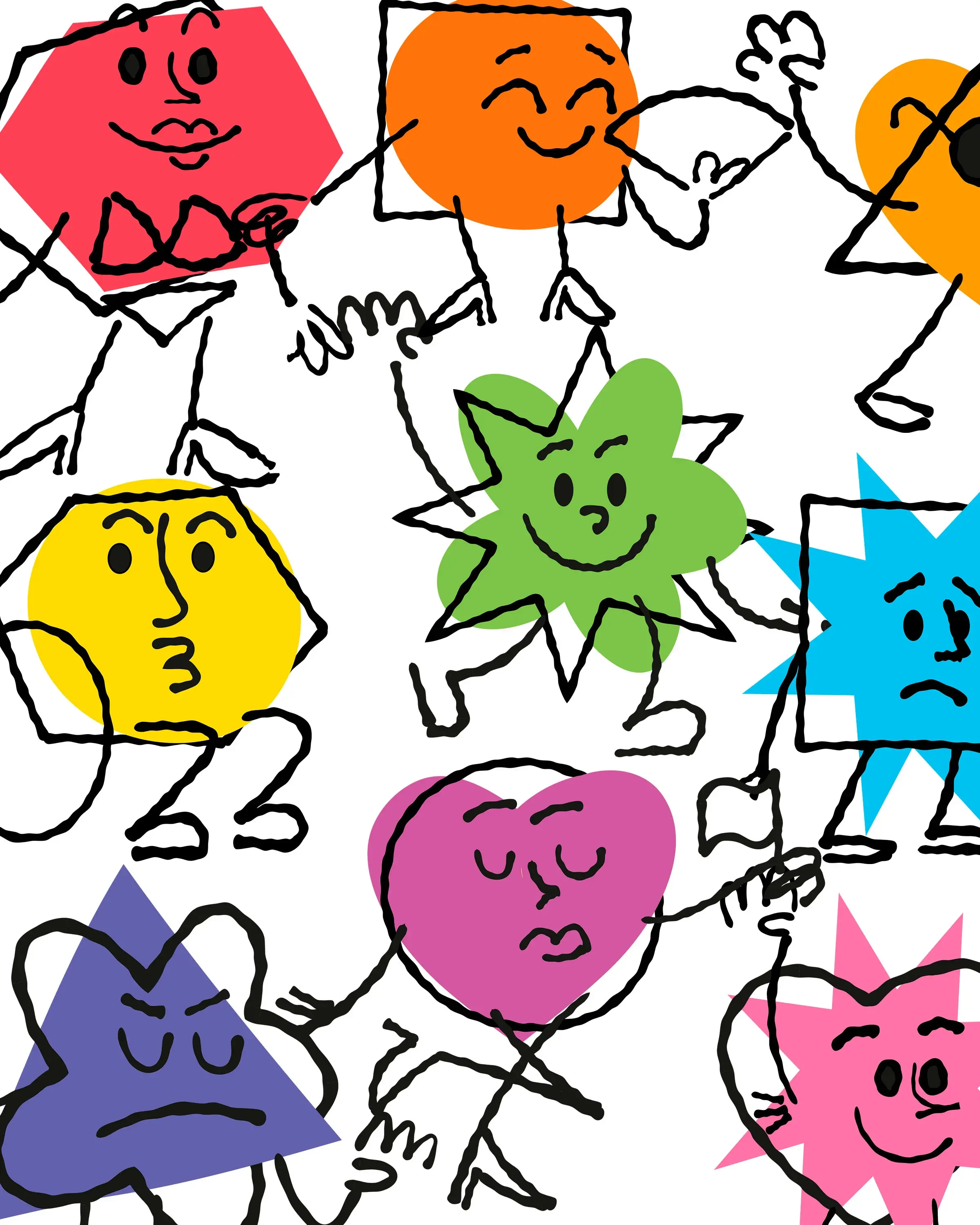 Character design di mascotte colorate per Cremona Pride: forme geometriche antropomorfe con espressioni diverse, braccia e gambe disegnate a mano.