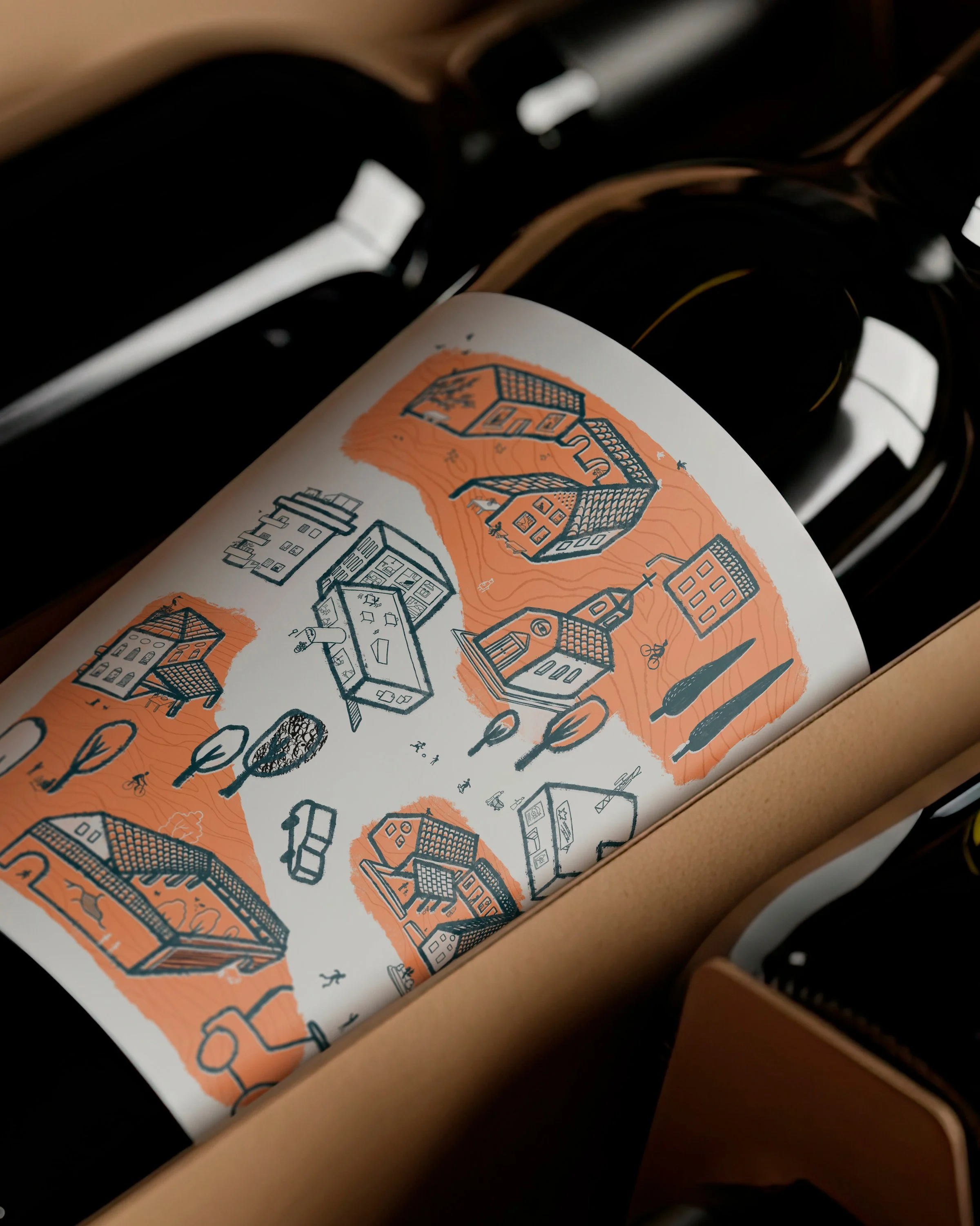Design di packaging per vino con etichetta illustrata a mano raffigurante case e scorci di un borgo italiano.