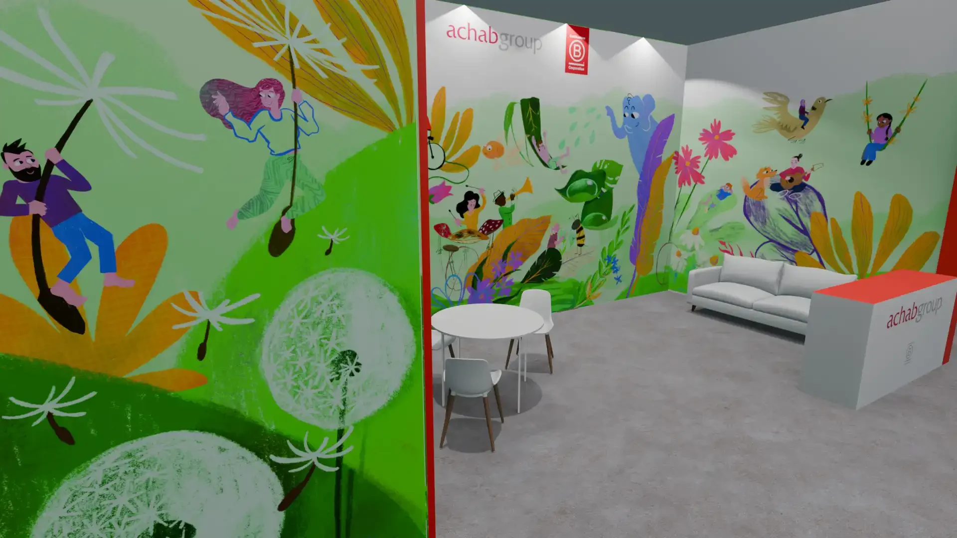 Render 3D del progetto per lo stand Achab Group a Ecomondo 2025 — vista prospettica con illustrazione murale su due pareti