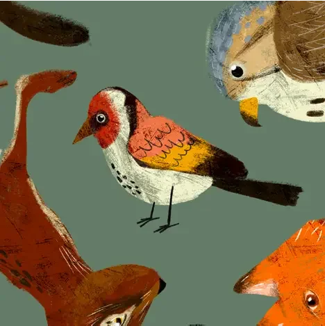Dettaglio ravvicinato di un'illustrazione a stampa artistica del cardellino, un uccello colorato della fauna della Pianura Padana. È raffigurato di profilo, con la testa rossa e bianca, i fianchi gialli e il petto maculato, su un campo verde salvia. 