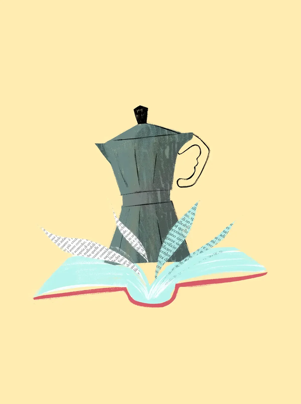 Illustrazione decorativa di una moka che emerge dalle pagine di un libro aperto, tra ritagli di testo e colori pastello. Un incontro tra caffè e lettura, ideale come stampa artistica per arredare caffetterie, angoli lettura, librerie e cucine.