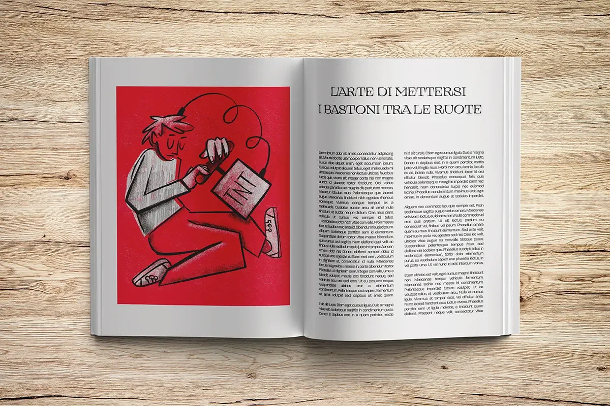 Mockup di rivista con illustrazione concettuale sull'autosabotaggio accanto a un articolo, esempio di illustrazione editoriale per divulgazione psicologica.