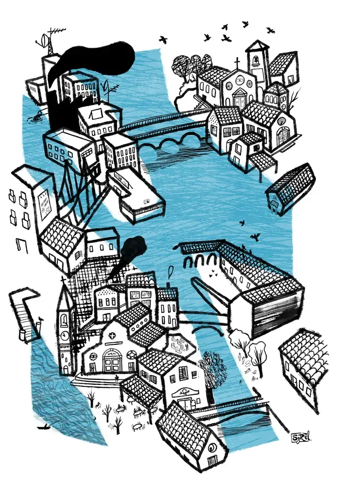 Mappa illustrata a mano in bianco e nero con campiture azzurre, raffigurante una città fluviale stilizzata. Il disegno a inchiostro mostra ponti, edifici moderni, una fabbrica con fumo, chiese storiche, parchi e un caffè all'aperto. Stile grafico edi