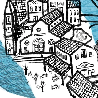 Close-up di una mappa concettuale illustrata incentrata sulla piazza di una città. Si notano una chiesa con torre dell'orologio, case tradizionali e un dehor con tavolini all'aperto vicino al fiume. Grafica a linee nere spesse e azzurro, perfetta per