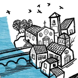 Dettaglio di una mappa illustrata che mostra un borgo storico con tetti in tegole, una chiesa con un occhio sulla facciata, un campanile e uccelli in volo. Disegno geometrico e stilizzato a inchiostro nero su sfondo bianco e fiume azzurro, esempio di