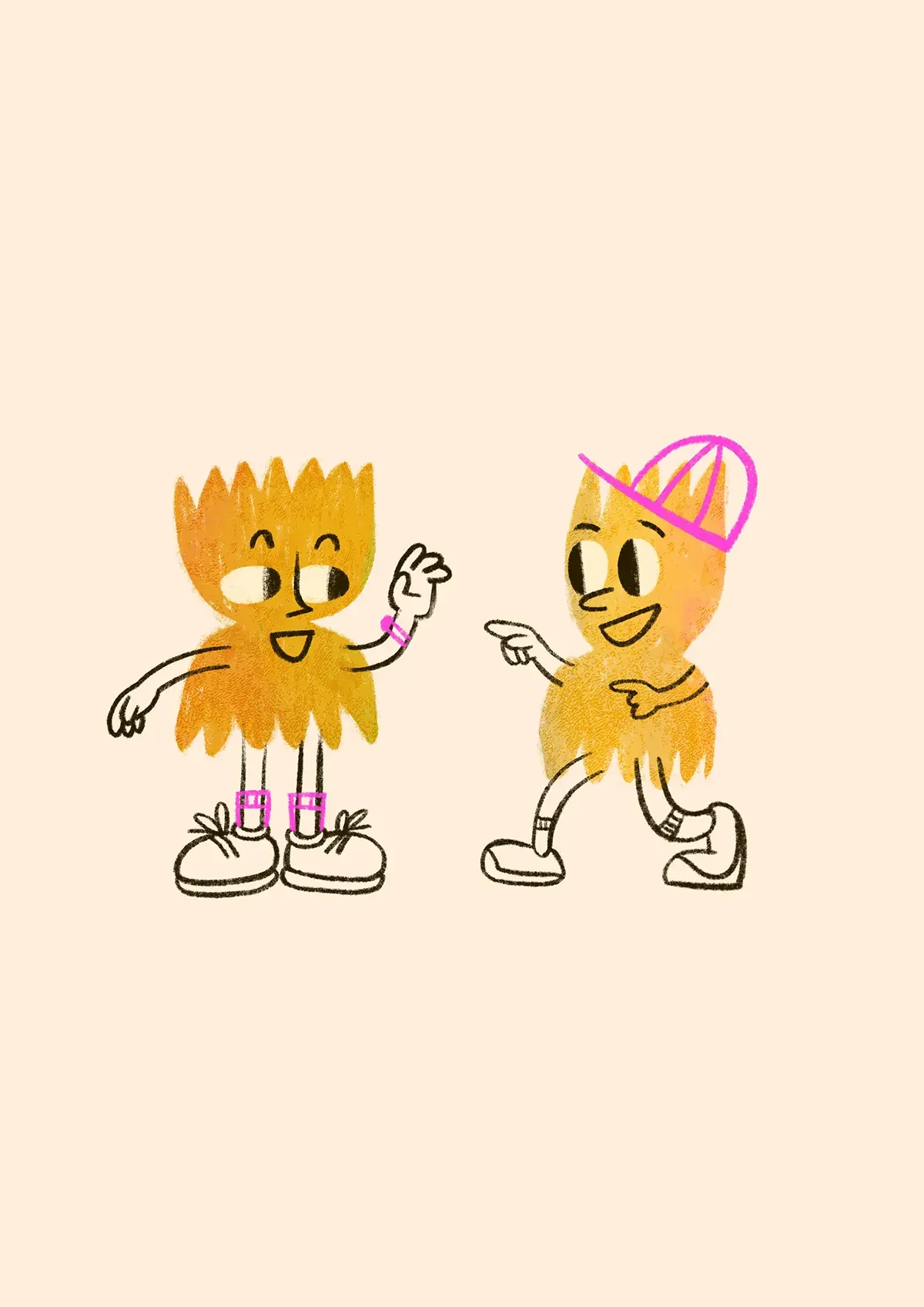 Illustrazione di due farfalle di pasta antropomorfe, con braccia, gambe, sneakers e accessori colorati, che sorridono e scherzano tra loro. Due mascotte dal tratto giocoso e dalle texture pastello, pensate per il branding e il packaging alimentare, i