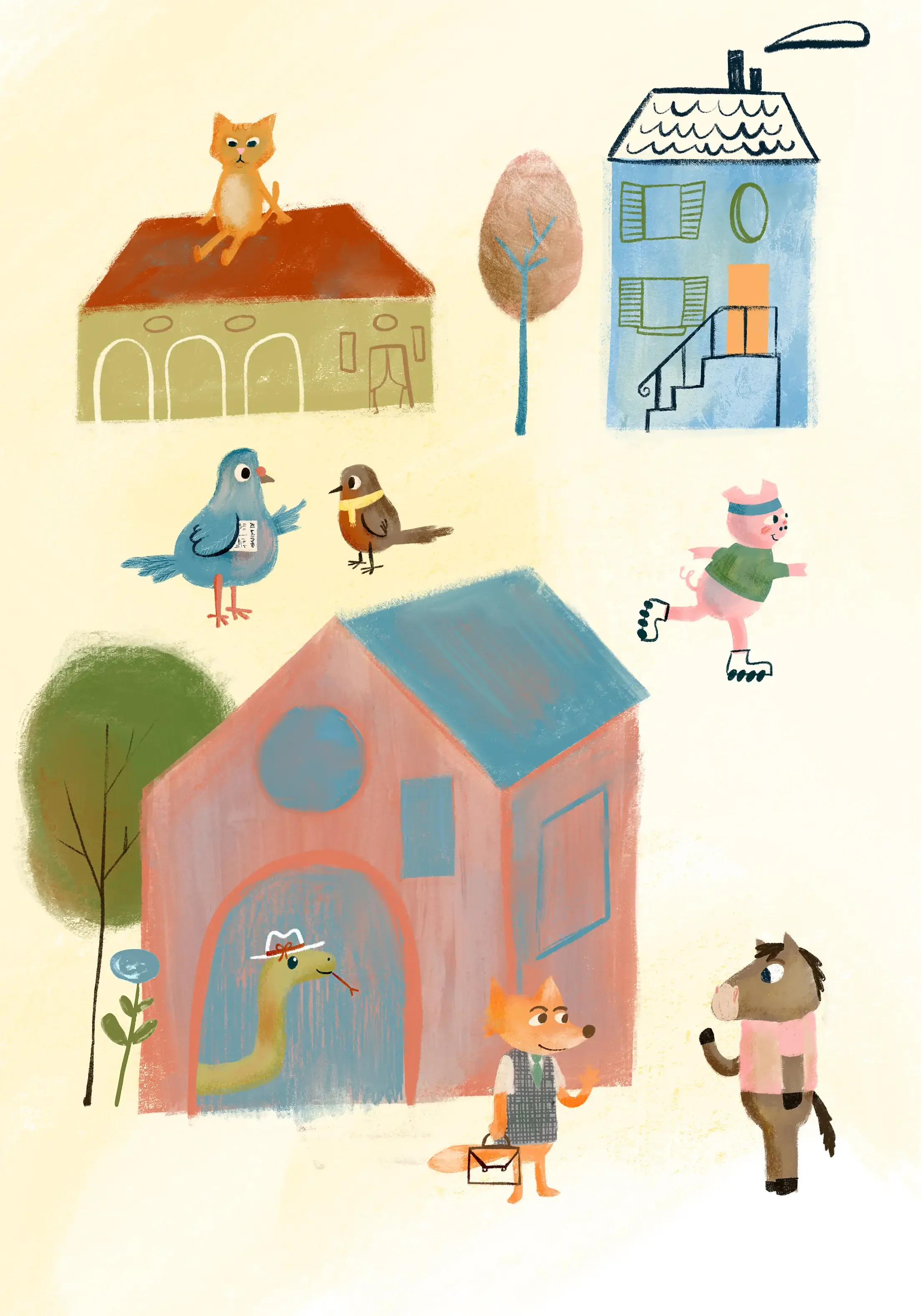 illustrazione colorata in stile acrilico che raffigura un villaggio popolato da animali antropomorfi
