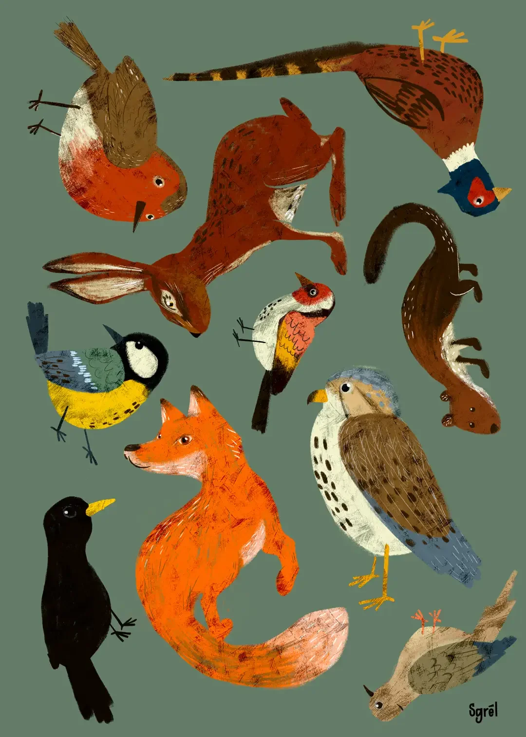 Stampa artistica illustrata a mano raffigurante una collezione di animali e uccelli della fauna selvatica della Pianura Padana. Su un fondo verde salvia scuro, si vedono in pose dinamiche e a testa in giù un pettirosso, una lepre, un fagiano maschio,