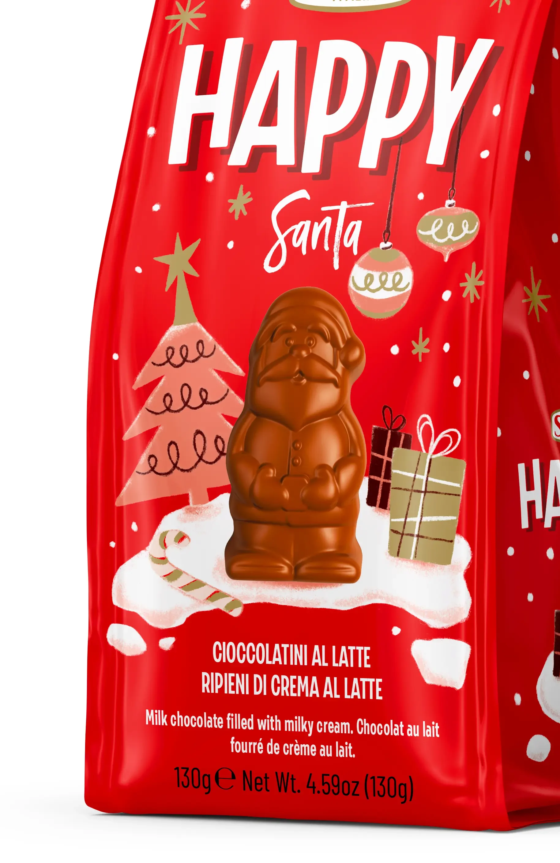 Rendering del packaging natalizio Sorini Happy Santa, confezione rossa di cioccolatini al latte con illustrazioni di un albero di Natale, palline decorative, pacchetti regalo e bastoncino di zucchero, realizzate per il progetto grafico di Overstate.